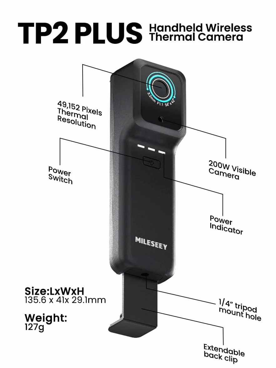 MiLESEEY TP2 Plus kamera termowizyjna do smartfonów, rozdzielczość 256 x 192 na podczerwień, do systemów iOS i Android, zakres temperatury -4°F~1022°C, czułość termiczna 40 Mk (TP2PLUS)