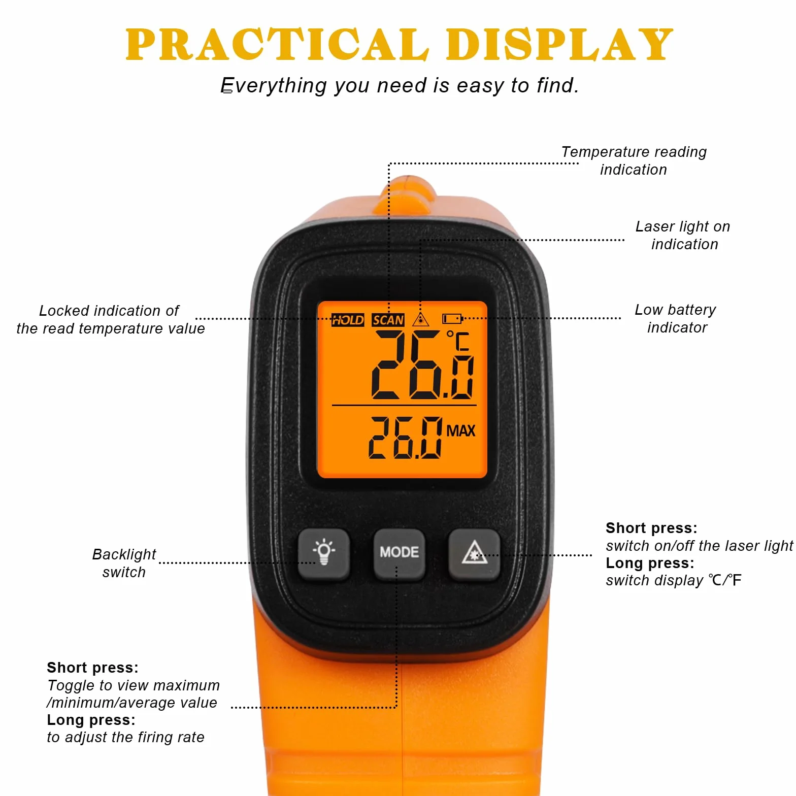 Termometr w Podczerwieni, Termometr -50 ° C -550 °C, Regulowany Parametr Wyświetlacza Lcd (Nie Nadaje Się Dla Osób), do Gotowania/Pizzy Piekarnik/Zamrażarka/Przemysłowy
