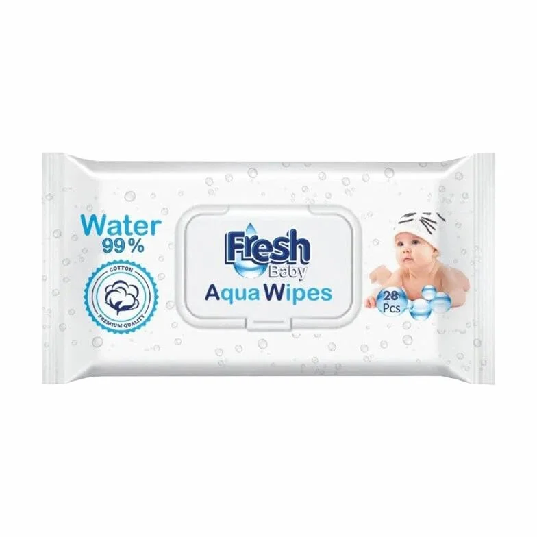 Fresh Baby Nowe Opakowanie 28 szt. Aqua Wipes Chusteczki Nawilżane dla Dzieci 99% Wody