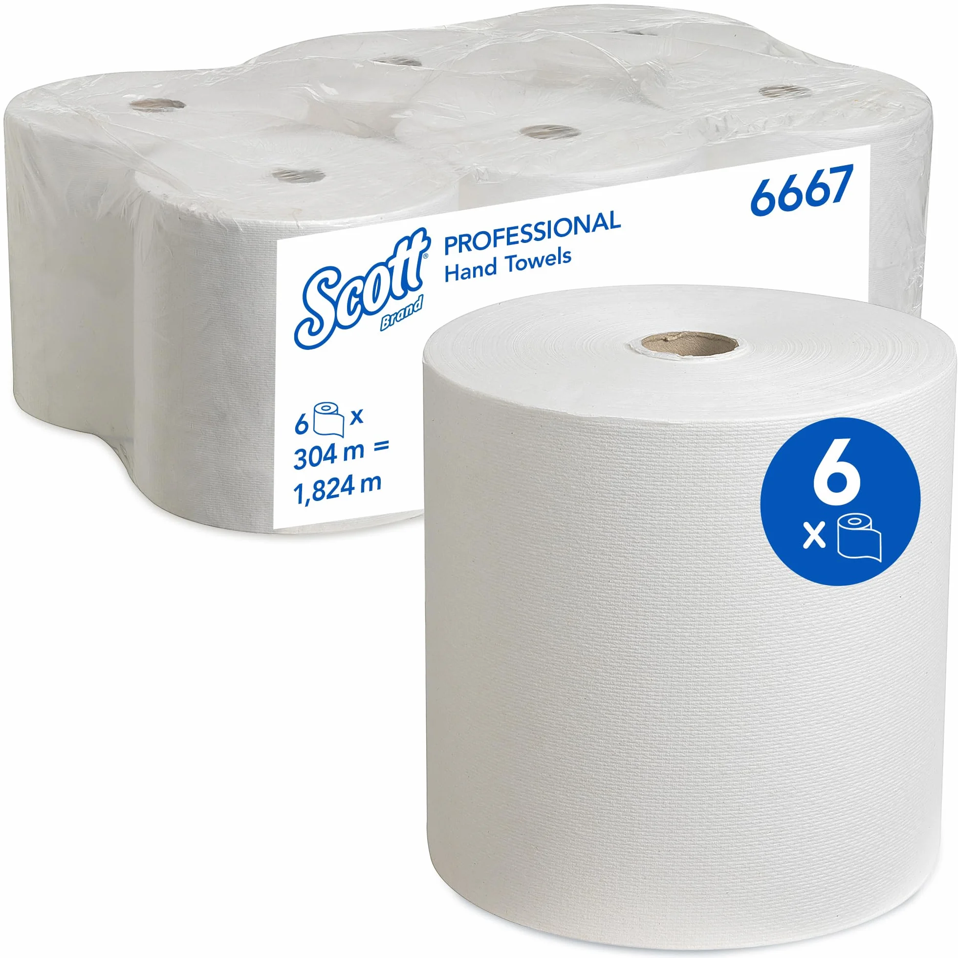 Ręczniki papierowe w rolce Scott 6667 — 6 x 304 m białych, 1-warstwowych rolek
