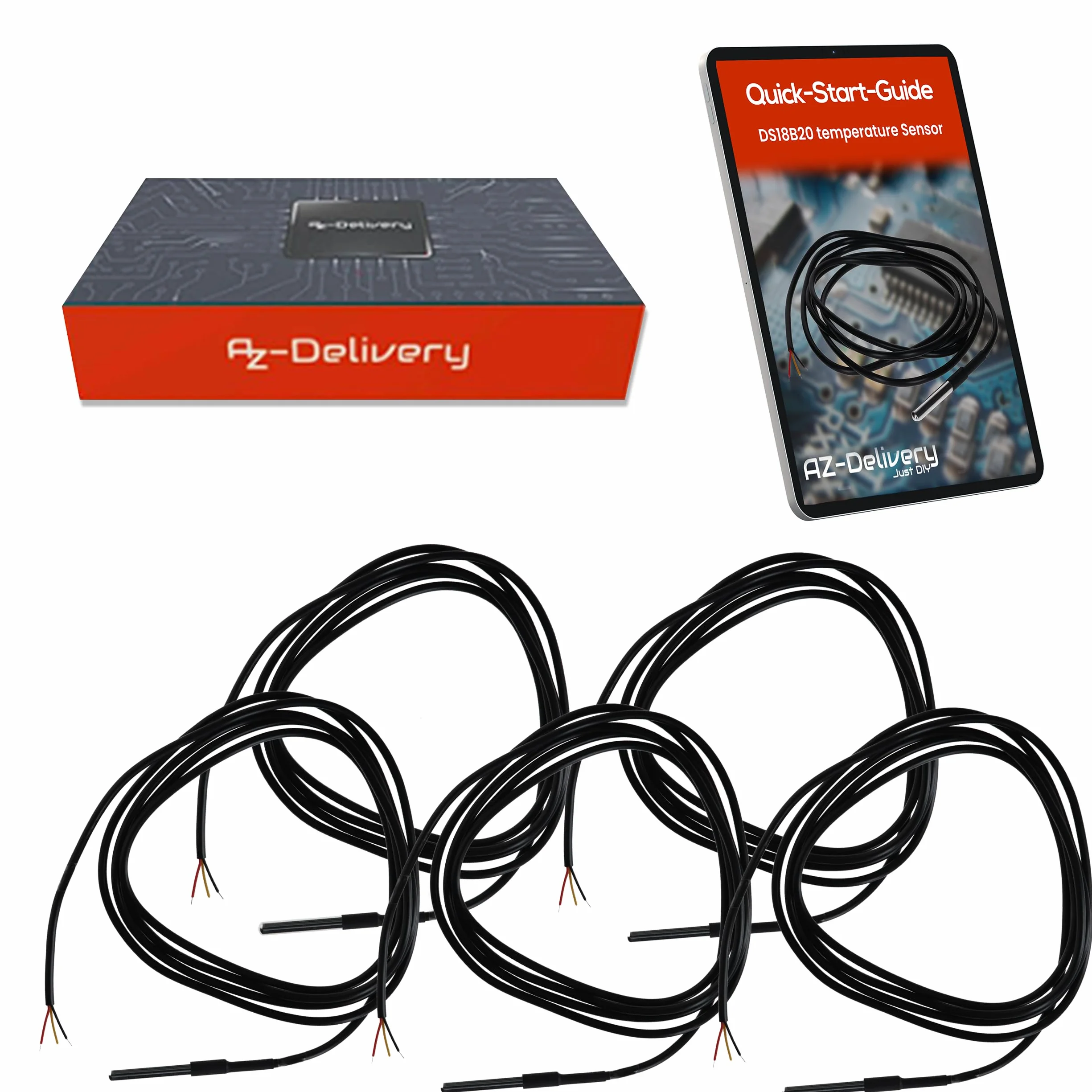 AZDelivery 5 x DS18B20 kabel cyfrowy ze stali nierdzewnej, czujnik temperatury, wodoszczelny, kompatybilny z Arduino i Raspberry Pi, w zestawie e-book