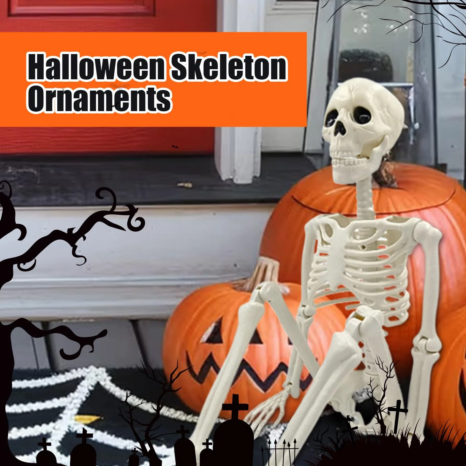 Dekoracja szkieletu – naturalnej wielkości Halloween szkielet dekoracja z ruchomymi przegubami – straszna czaszka ozdoba na grób do domu duchów, ogrodu, dekoracja stołu, na imprezę
