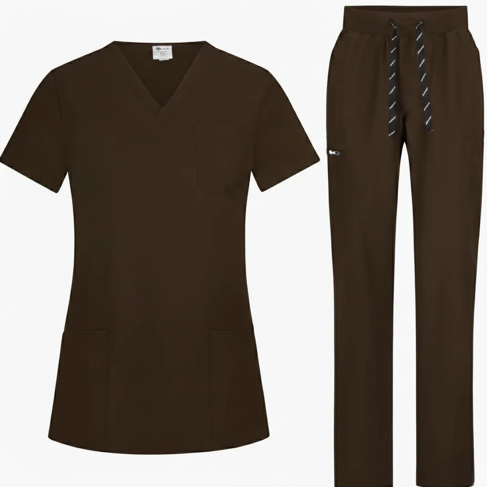 B-well BELLA Damen-Schrubb-Set Schlupfkasack + Schlupfhose Set Medizin Arzt Uniform Schlupfjacke Oberteil mit Hose Medizinische Berufsbekleidung mit Elastan (Braun, M)