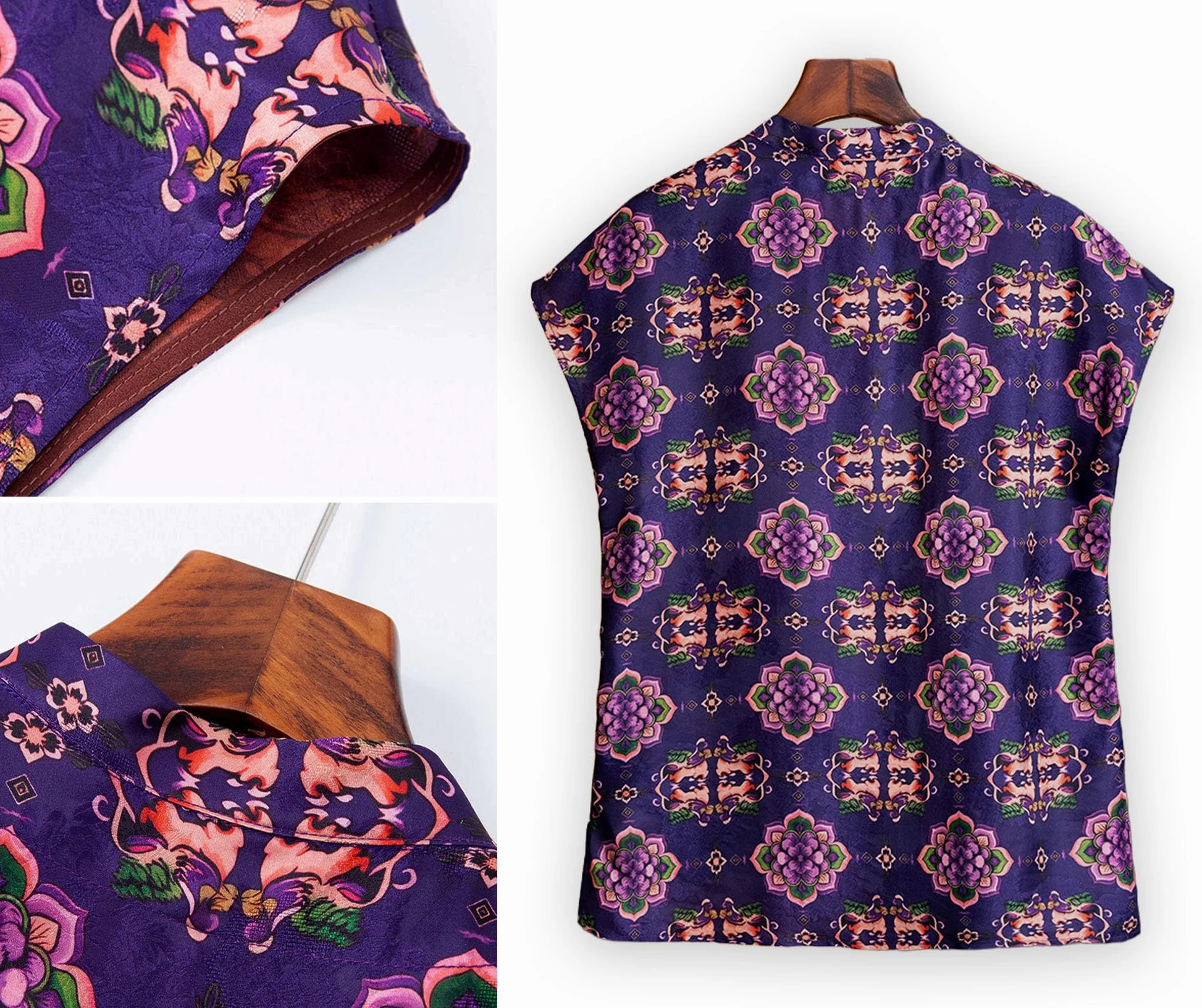 HangErFeng Damska jedwabna żakardowa fioletowa Baoxianghua Mandarin Duck Print asymetryczna bluzka z wysokim stanem 649