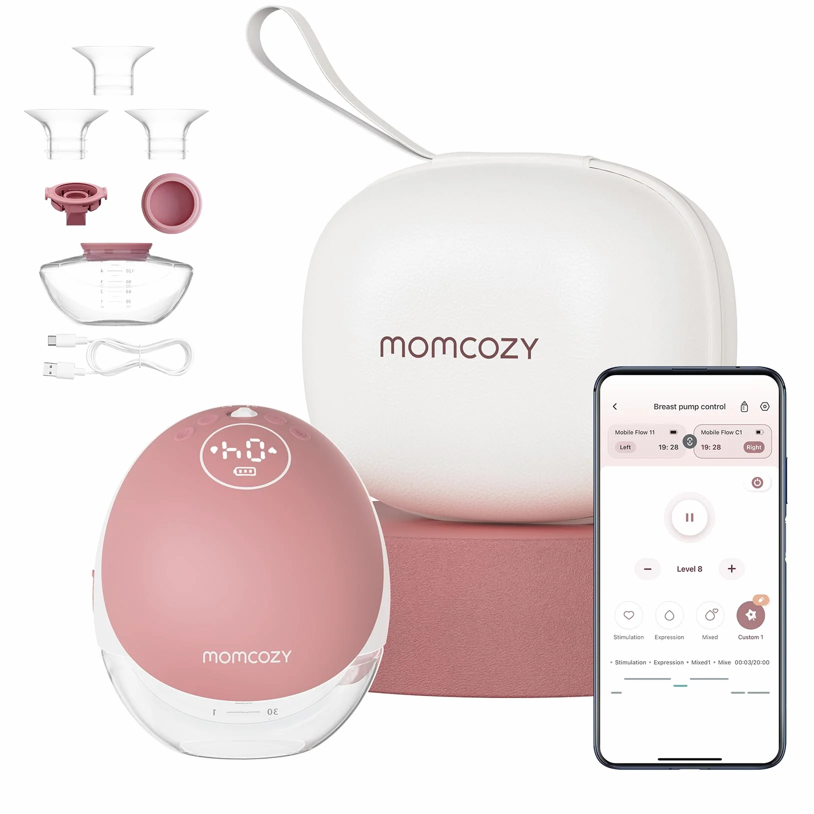 Momcozy Mobilny laktator do mleka bez użycia rąk, M9, sterowanie elektryczne i aplikacja, spersonalizowany multi-tryby i 15 stopni, przenośna pompka, 24 mm (czerwony, 1 sztuka)