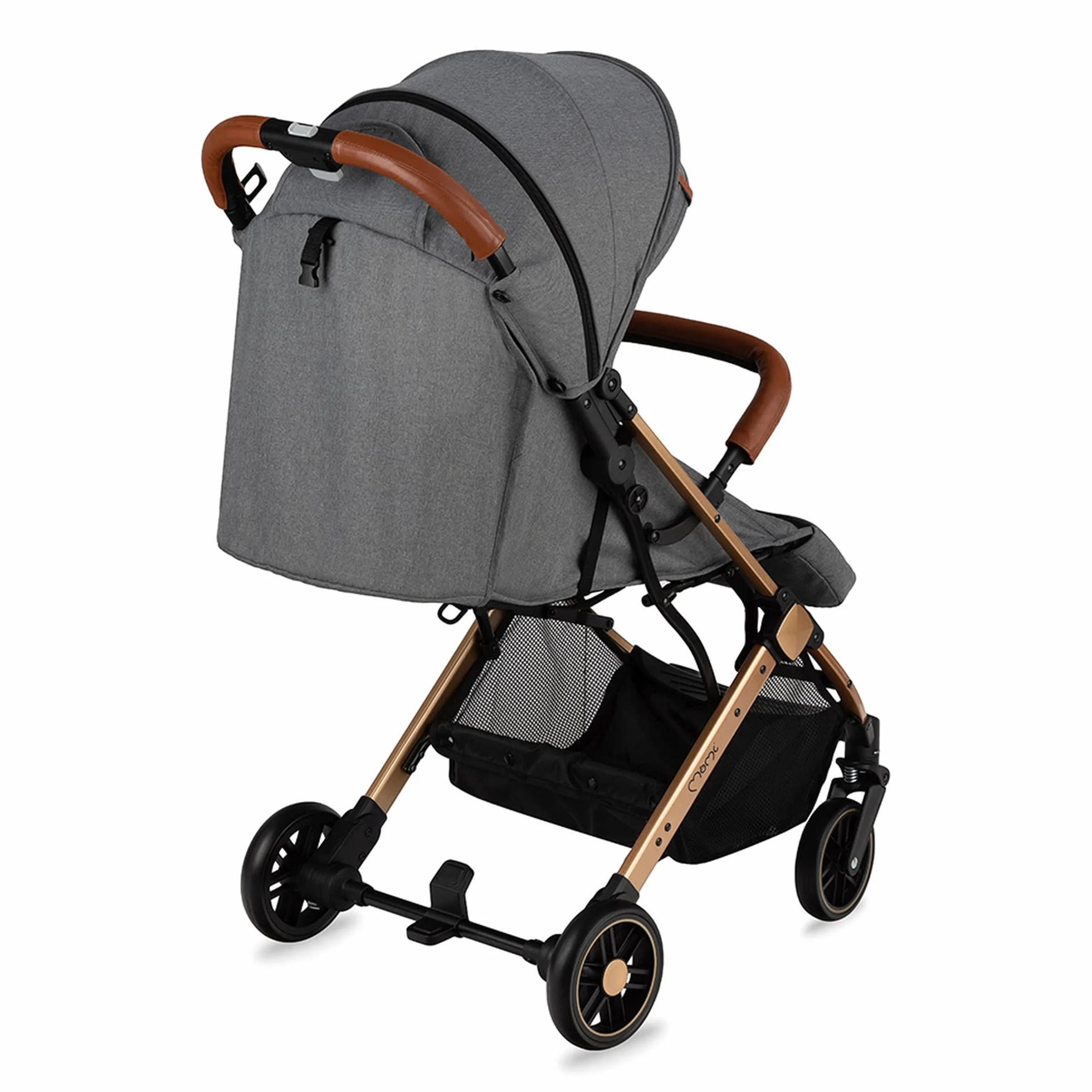 MOMI ESTELLE wózek dziecięcy dla dzieci od 6 miesięcy, do maks. wagi ciała 15 kg, składany do wymiarów 65 x 51 x 21 cm, waga 7,5 kg, 5-punktowy pas bezpieczeństwa, walizka, szaro-złoty