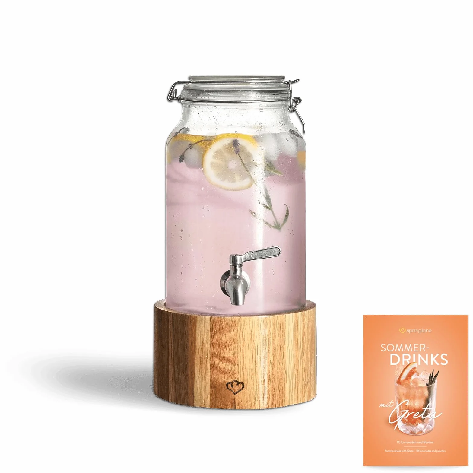 SPRINGLANE szklany dozownik do napojów 3,8 l Greta z kranikiem i stojakiem ze stali nierdzewnej z drewna dębowego, dozownik lemoniady, styl vintage Mason Jar