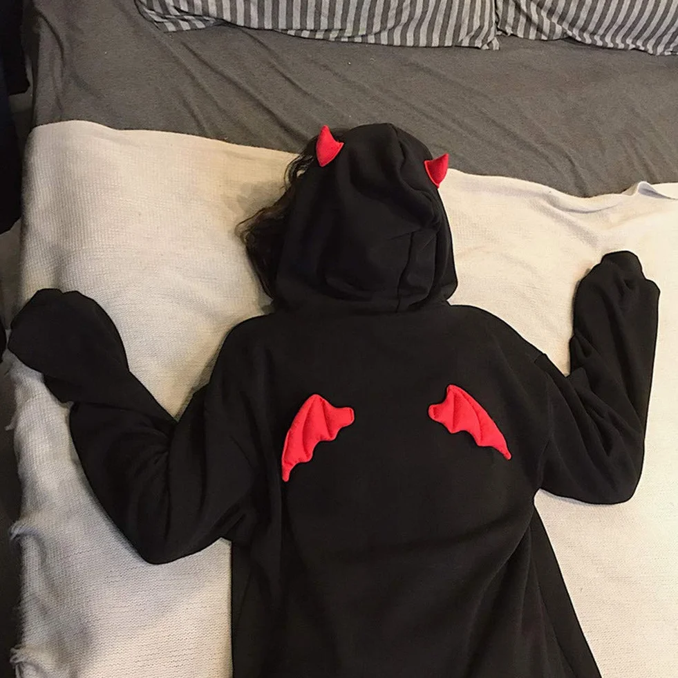 Damska bluza z kapturem Devil Wings luźna bluza z kapturem z długim rękawem sweter z kapturem