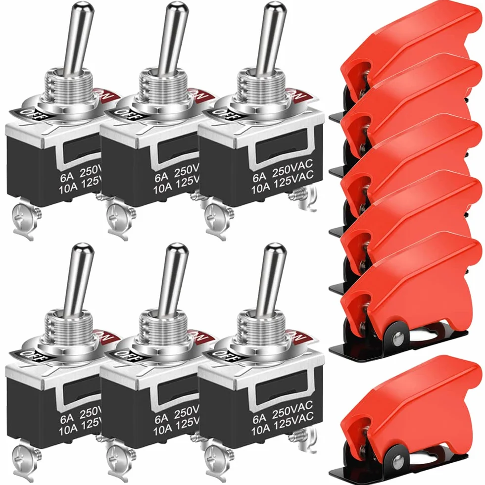GUUZI 6 szt Heavy Duty Przełącznik Kołyskowy 12V-24V-48V-110V/10A, 220V-230V/6A, SPST 2Pin Włącznik/Wyłącznik Metalowy Nietoperz z Czerwoną Osłoną Bezpieczeństwa Samolotu