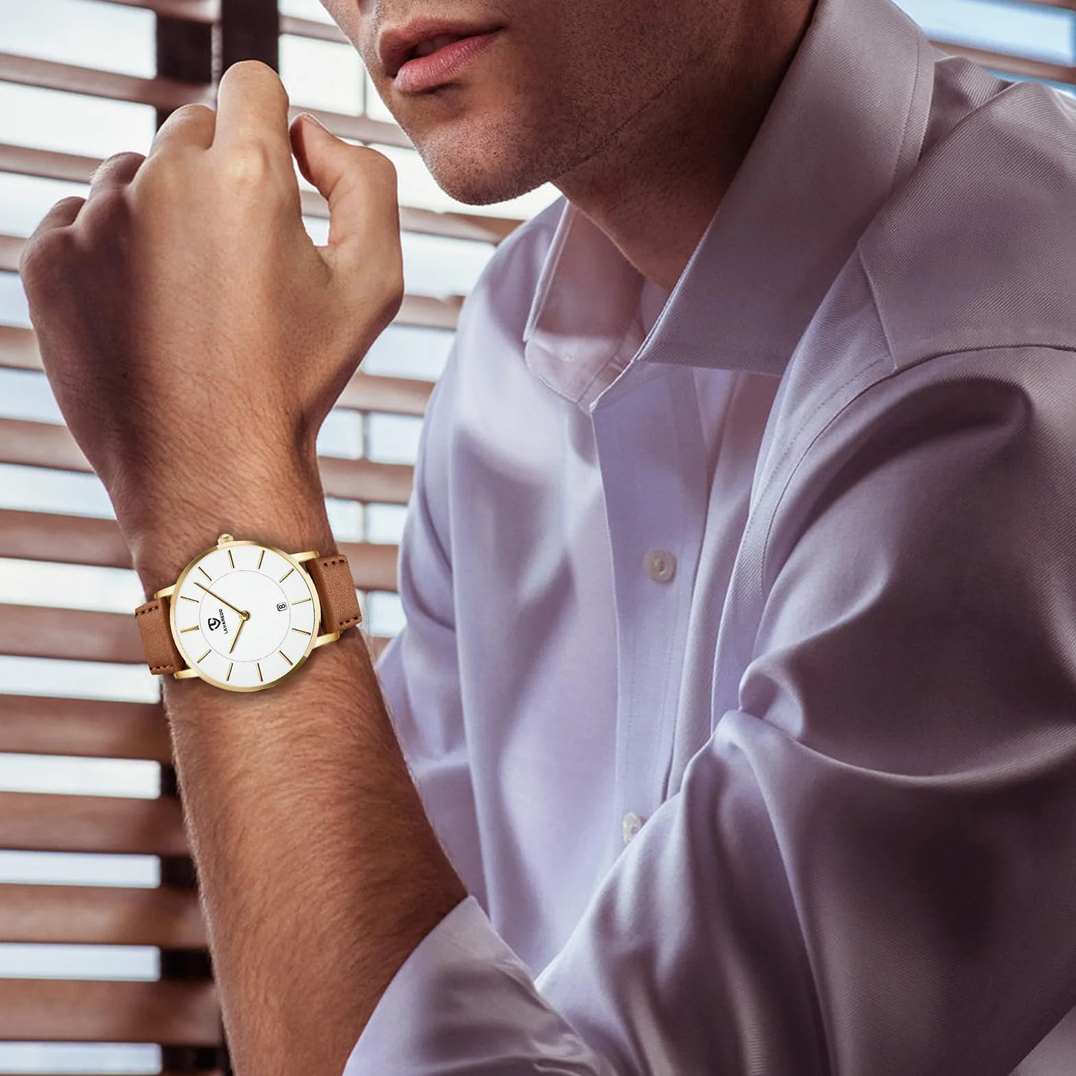 aswan watch Płaski męski analogowy zegarek kwarcowy ze skórzanym paskiem, data, 2 wskazówki, rozmiar koperty 39 mm
