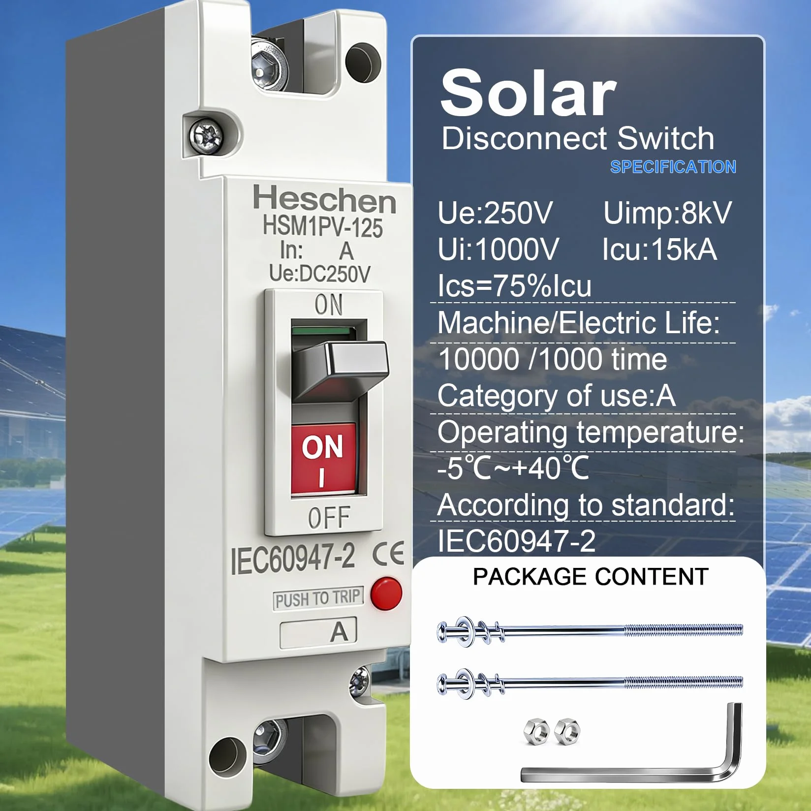 Heschen Przełącznik DC MCCB, HSM1PV-125, 1-biegunowy, DC250V 125A, przełącznik fotowoltaiczny do instalacji solarnej PV