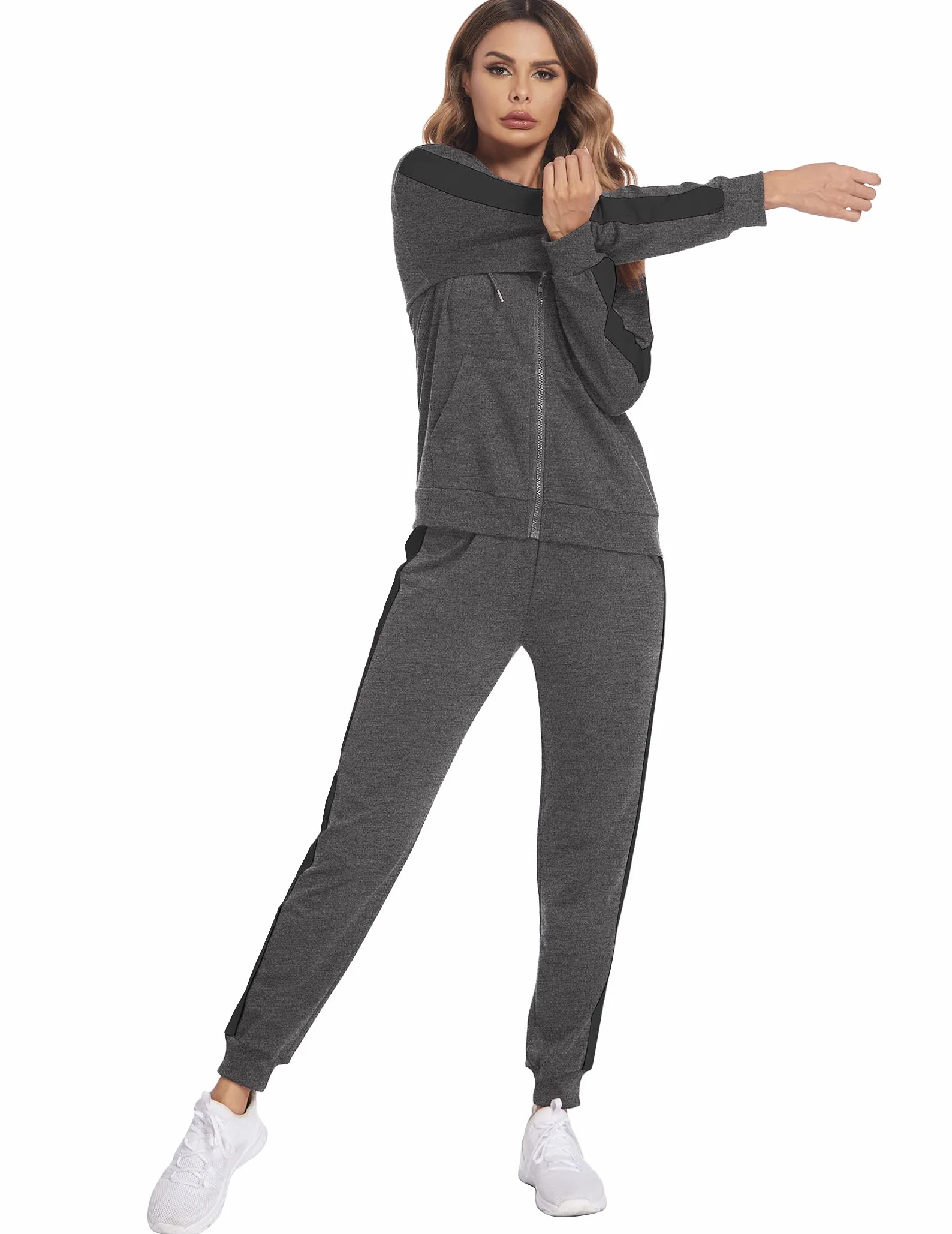 Parabler Dres do joggingu, damski, dwuczęściowy dres treningowy, dres damski, dres sportowy, poliester, dres rekreacyjny, kurtka z kapturem i spodnie sportowe, rozmiar S-XXL
