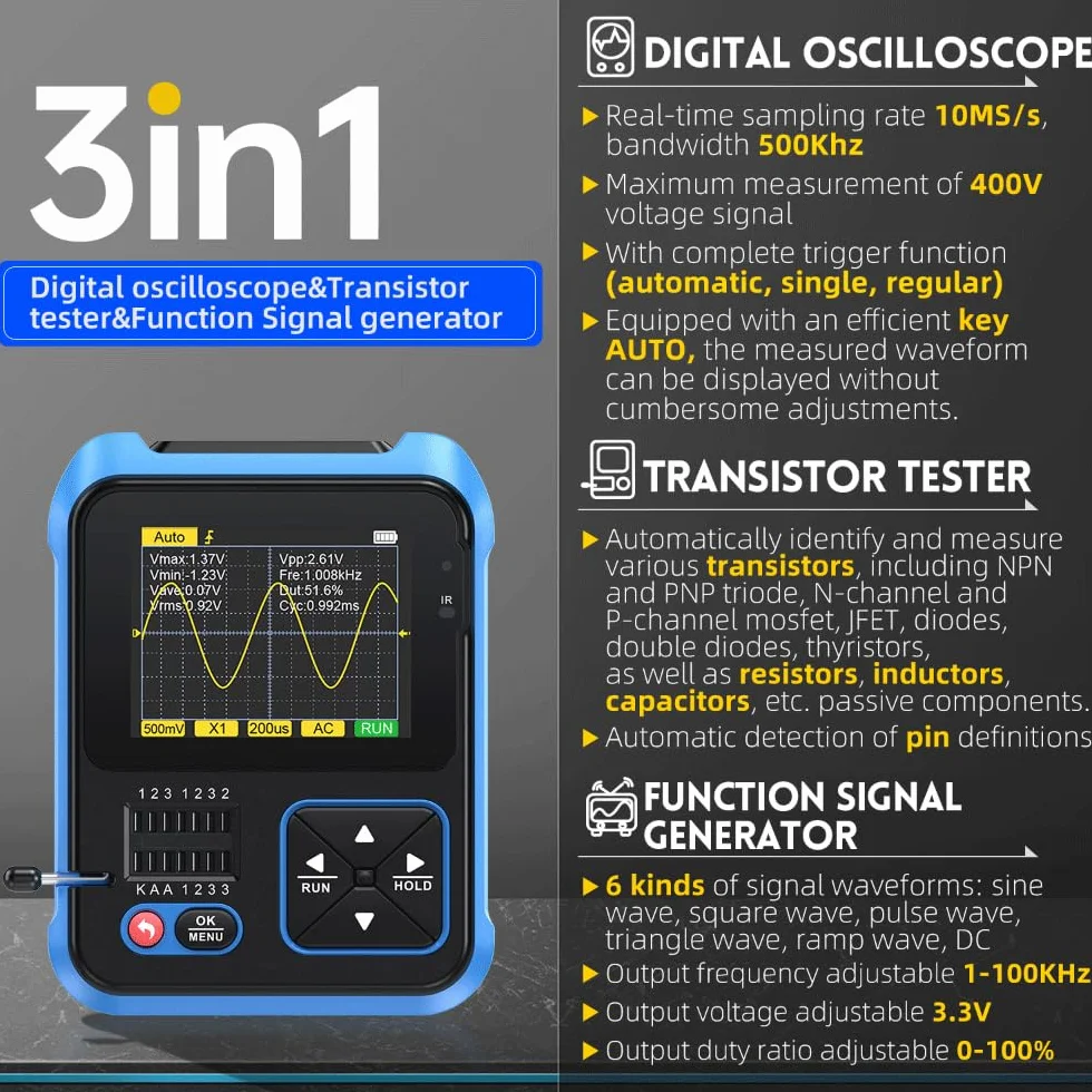 DollaTek DSO TC3 oscyloskop cyfrowy, 3 w 1, r?czny oscyloskop, tester tranzystorowy, stó? LCR do testów pojemno?ci i oporu z kolorowym ekranem HD 2,4 cala, wyj?cie prostok?tne PWM