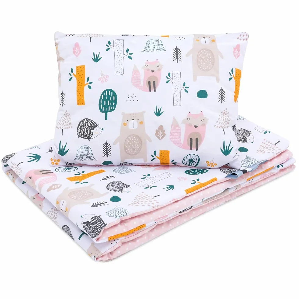 Bellochi Wielofunkcyjny zestaw koca niemowlęcego – dwustronna pościel dla niemowląt 75 x 100 cm i poduszka 30 x 40 cm – ze 100% bawełny – certyfikat Öko-Tex – las