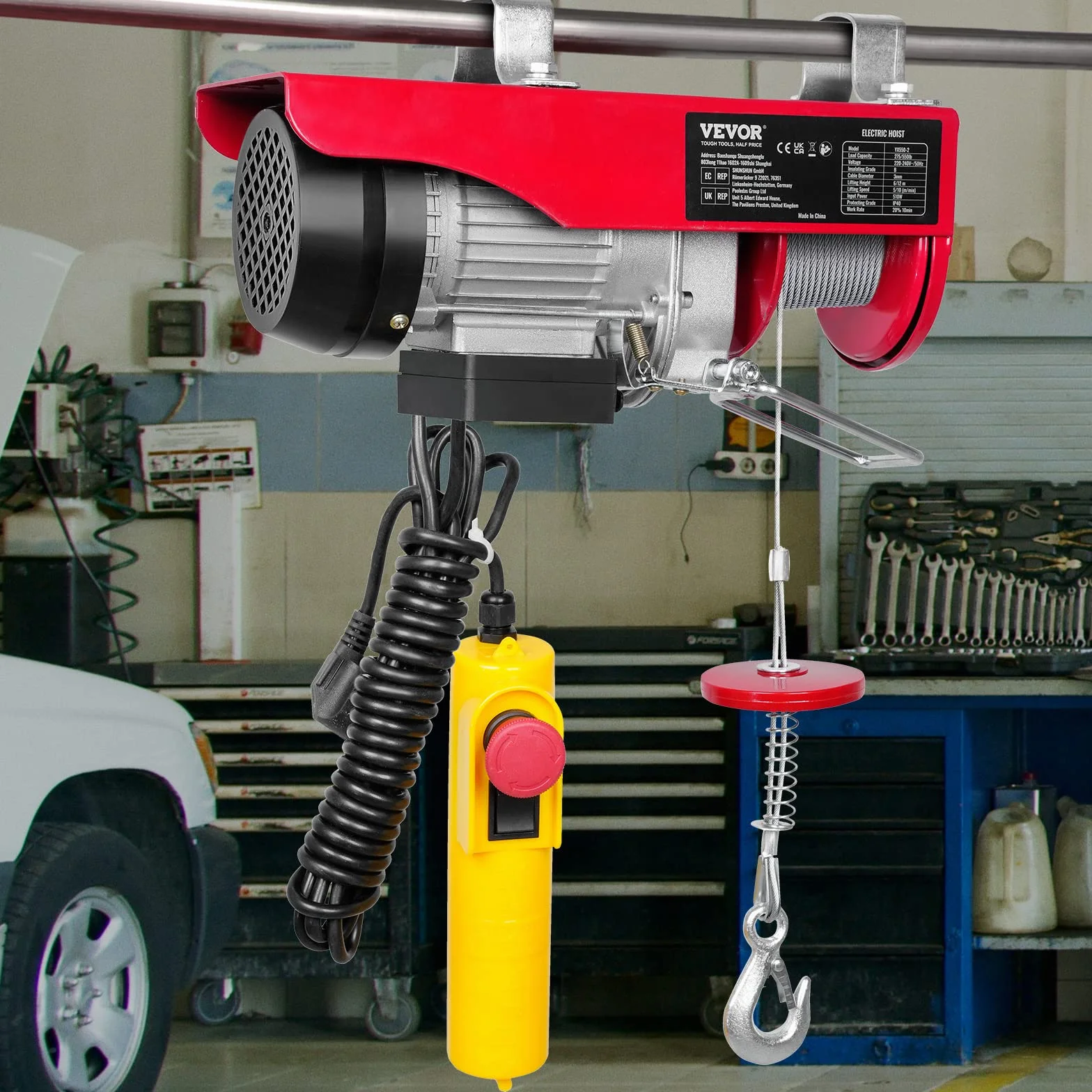 VEVOR Wciągarka na kable elektryczne, 250 kg, wciągnik elektryczny z pilotem przewodowym, 4 m, wciągarka 510 W, 10 m/min, wysokość podnoszenia, pojedynczy kabel 12 m, silnik czysta miedź, do