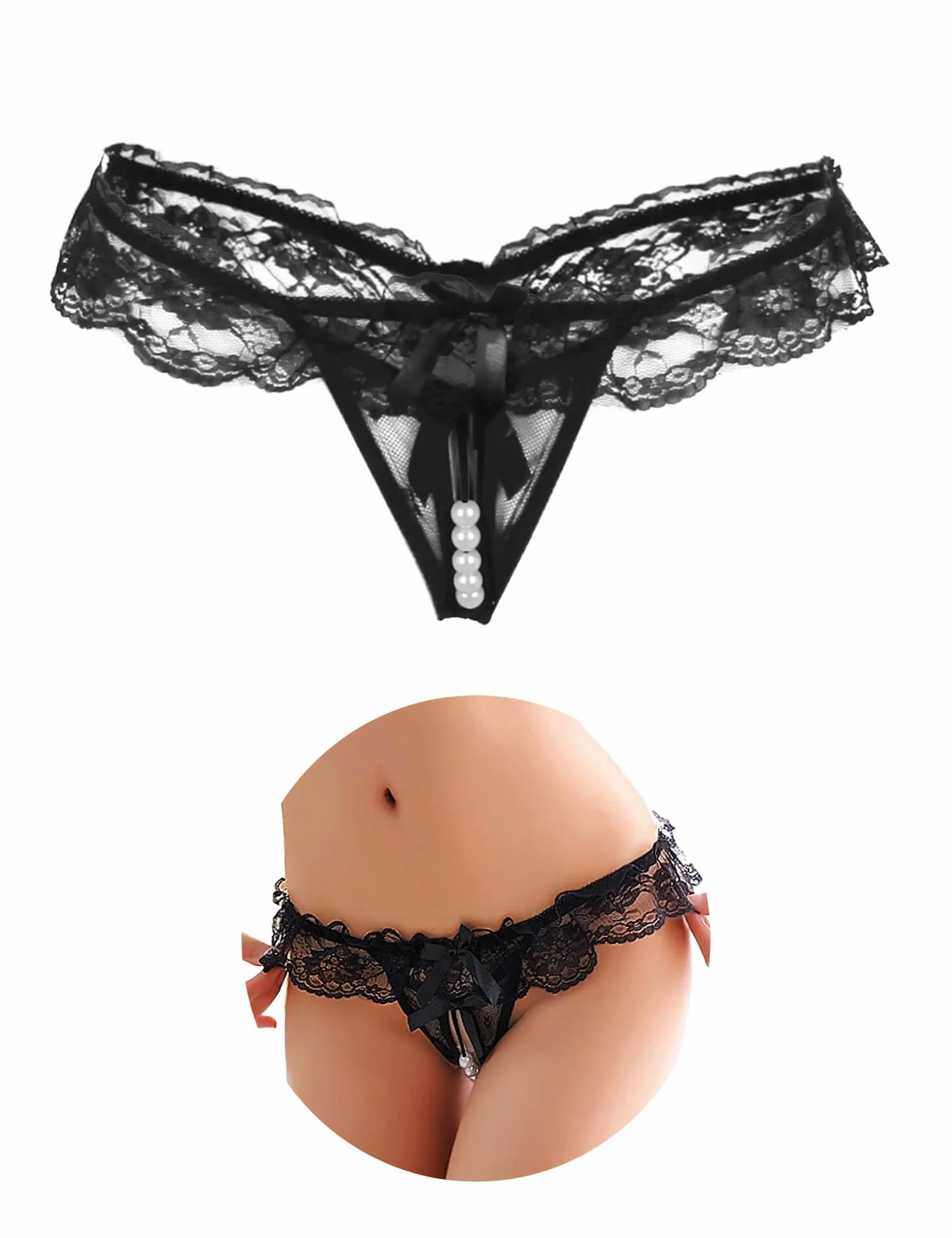 ohyeahlady Erotyczne majtki z perłami, bielizna damska, otwarty krok, seksowne mini stringi, dla kobiet, koronkowe majtki, majtki z otworem