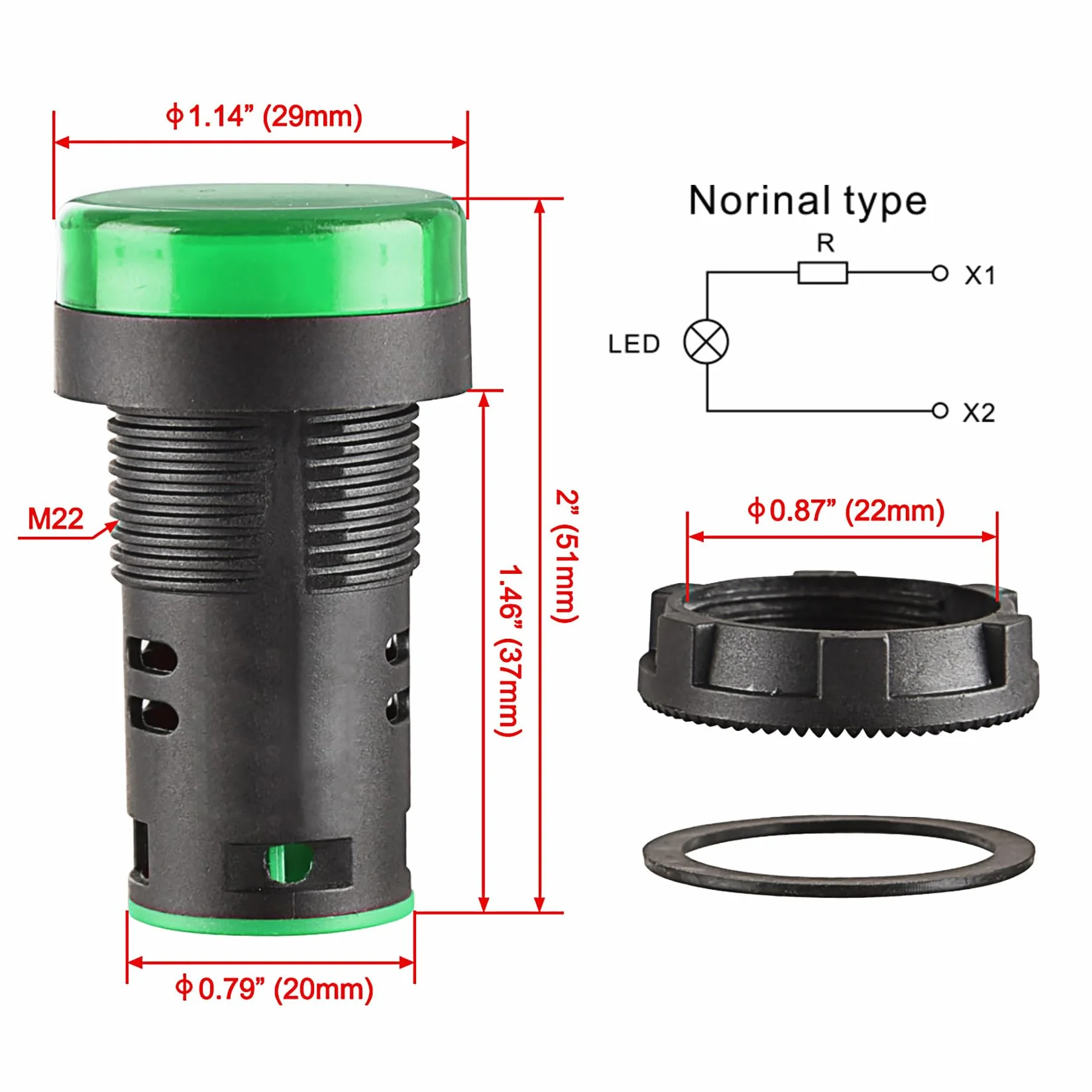Heschen 22 mm LED wskaźnik świetlny AD16-22D/S 220 V AC 20 mA zielone światło kolor 5 szt.