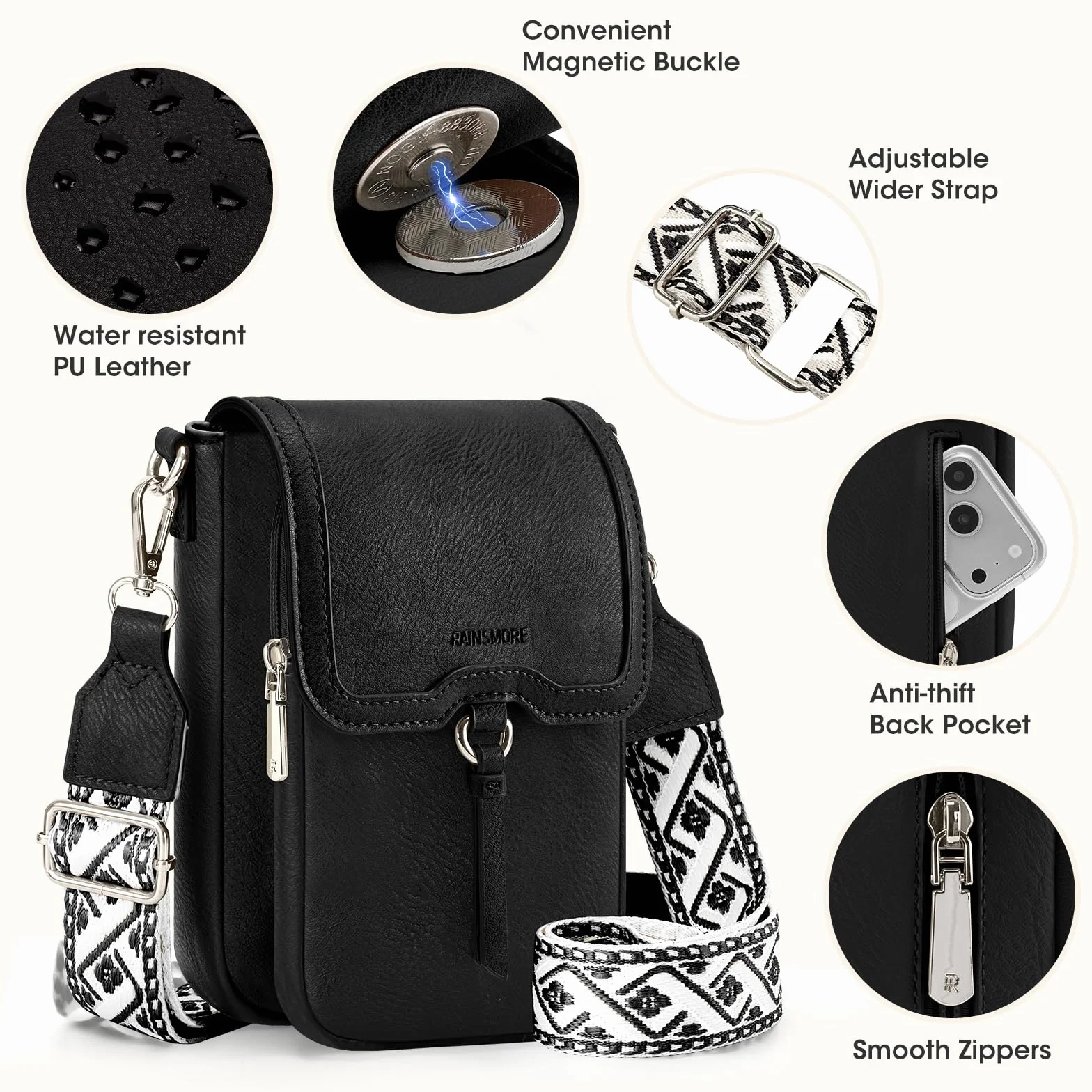 Rainsmore damska torba na ramię PU skóra wodoodporna crossbody z regulowanym paskiem