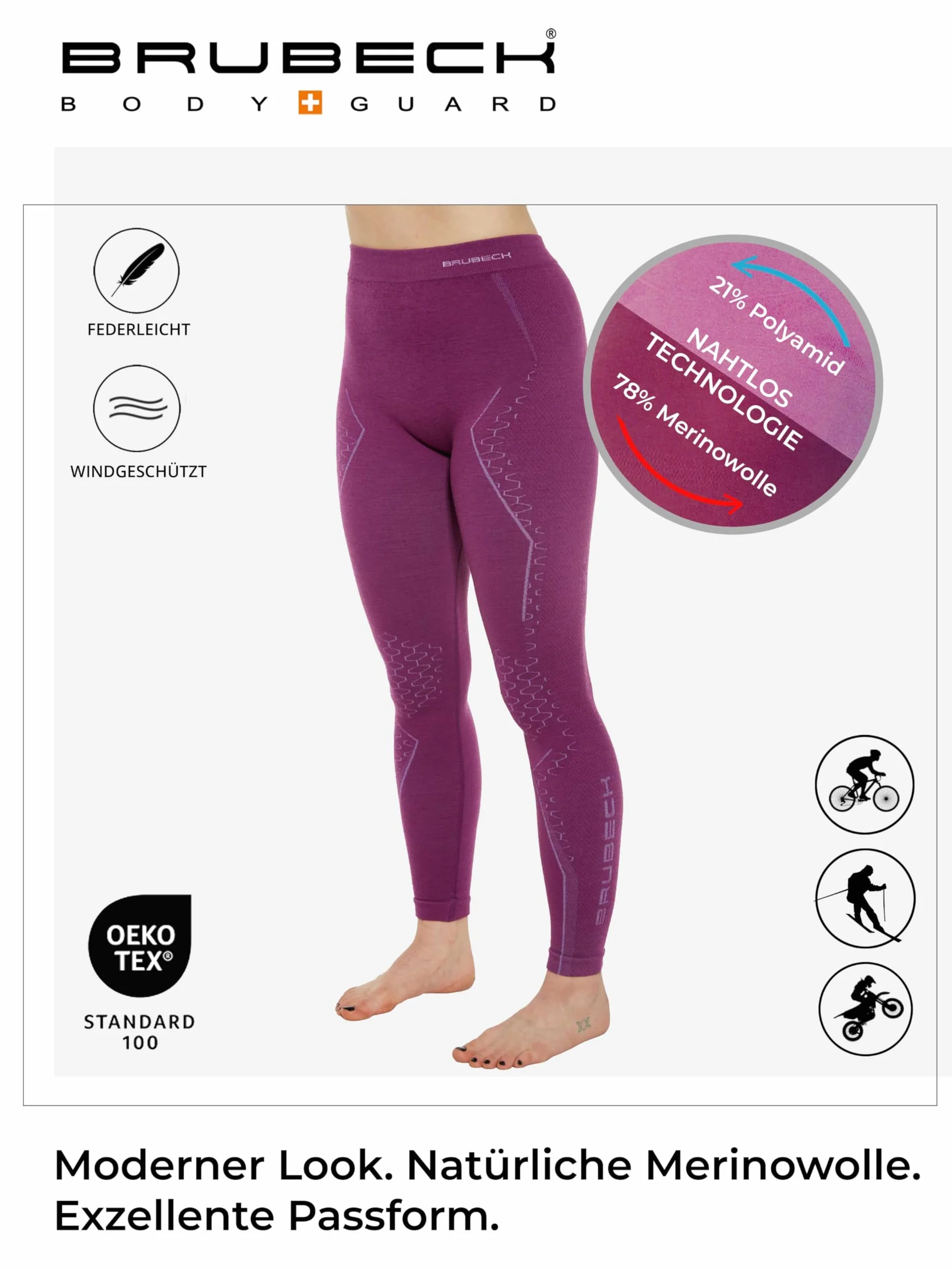 BRUBECK Merino LE11130 damskie majtki funkcyjne, długie, oddychające, do sportów zimowych, termiczne, bielizna narciarska, legginsy, 78% wełna z merynosów