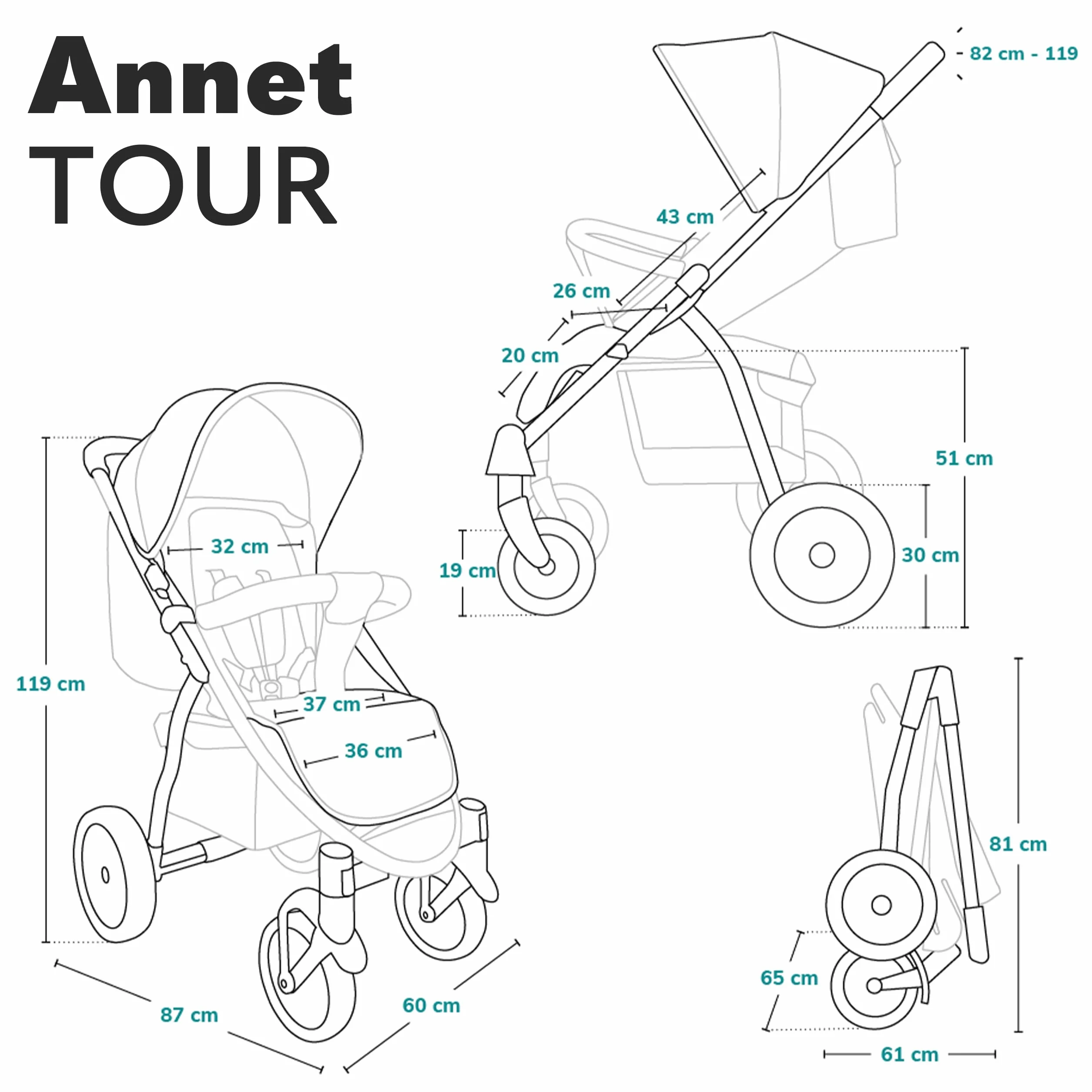 LIONELO Annet Tour Wózek Spacerowy do 22 kg, Regulacja Uchwytu, Regulacja Oparcia do Pozycji Leżącej, Bezobsługowe Duże Koła, Wodoodporna Budka XXL, 5-punktowe pasy, Kosz Zakupowy (Czarny)