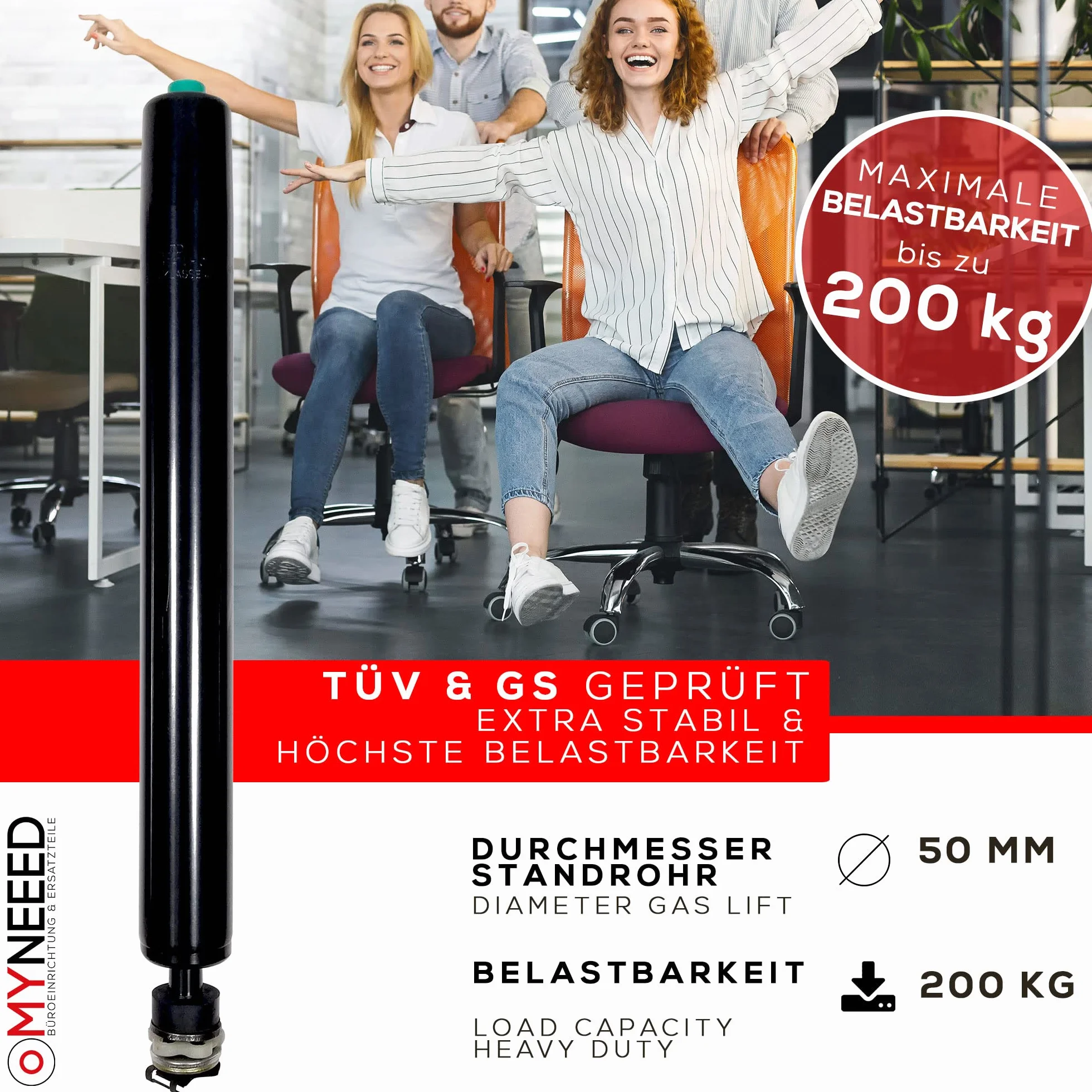Tłok gazowy do krzesła biurowego, zapasowa sprężyna gazowa do krzesła obrotowego, certyfikat TÜV i GS, sprężyna gazowa, długość: 250 mm