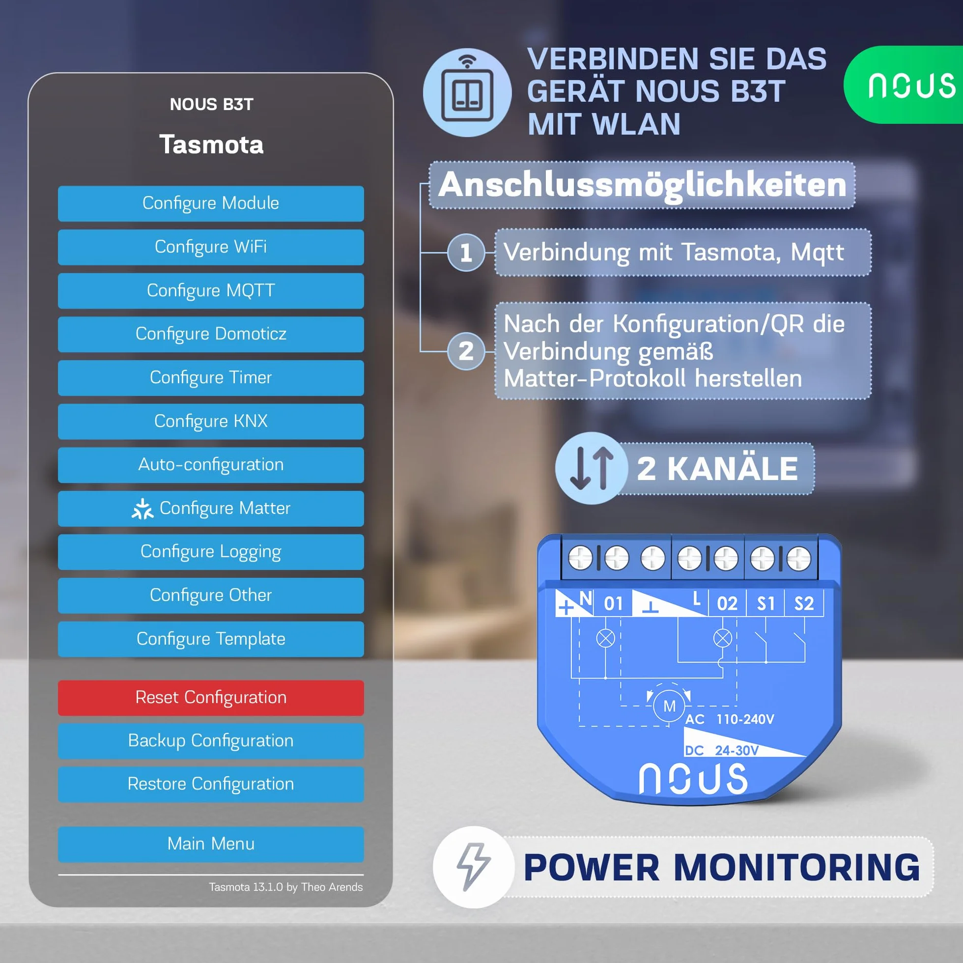 NOUS Moduł przełączający WiFi Tasmota, 16 A, 2 kanały z pomiarem mocy/moduł kurtyny 1 kanał, ESP32, czujnik temperatury, Matter & MQTT, suche styki, kompatybilny z Alexa, Home Assistant, Google Home,