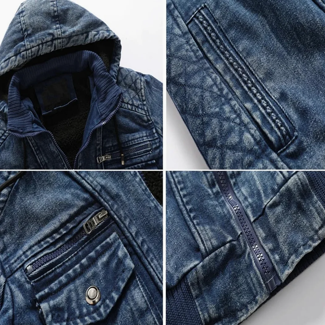 Adhdyuud Męskie bluzy z kapturem kurtka dżinsowa z kieszeniami vintage slim fit płaszcze dżinsy na co dzień ciepła odzież wierzchnia