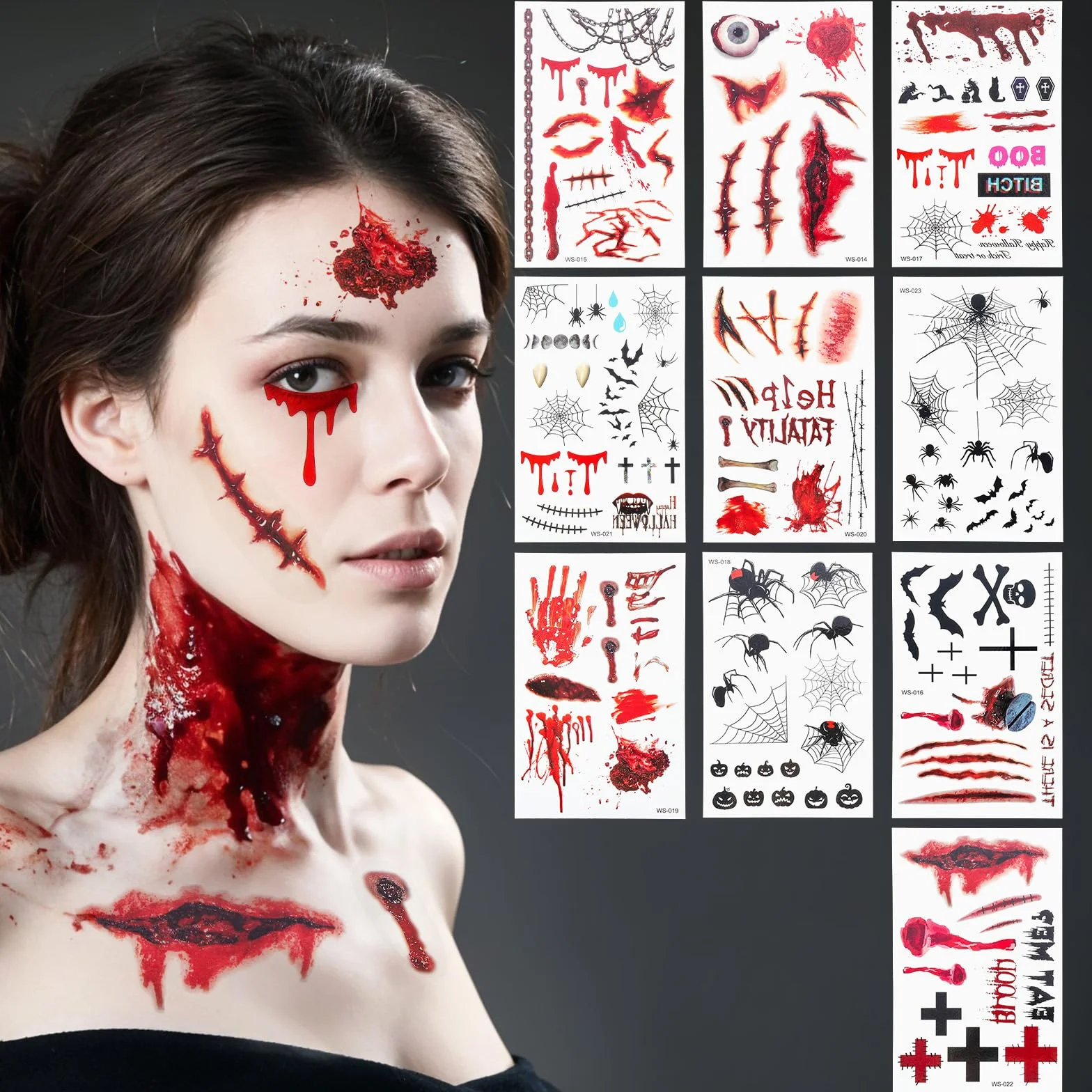 10 arkuszy tatuaży na Halloween, tymczasowe, realistyczne rany, wodoodporne, Halloween, Cosplay, straszna dekoracja makijażu