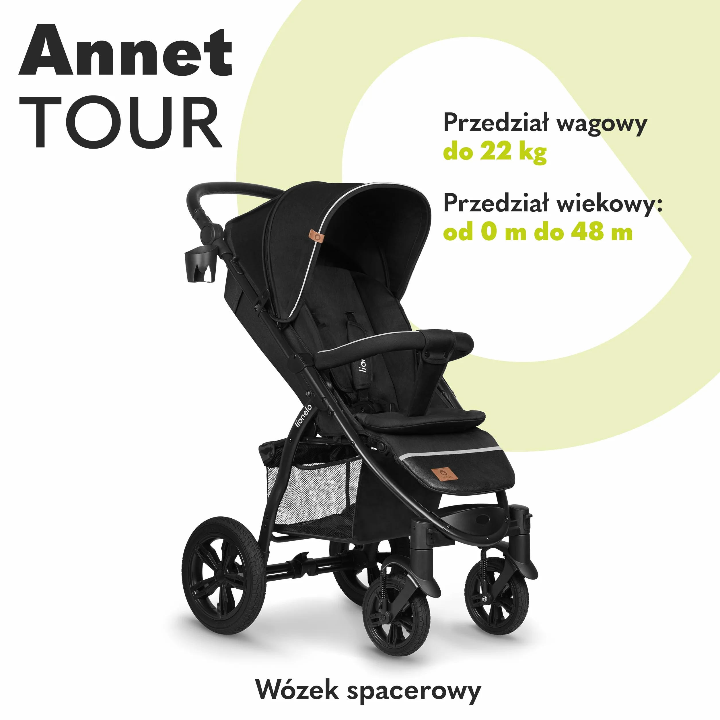 LIONELO Annet Tour Wózek Spacerowy do 22 kg, Regulacja Uchwytu, Regulacja Oparcia do Pozycji Leżącej, Bezobsługowe Duże Koła, Wodoodporna Budka XXL, 5-punktowe pasy, Kosz Zakupowy (Czarny)