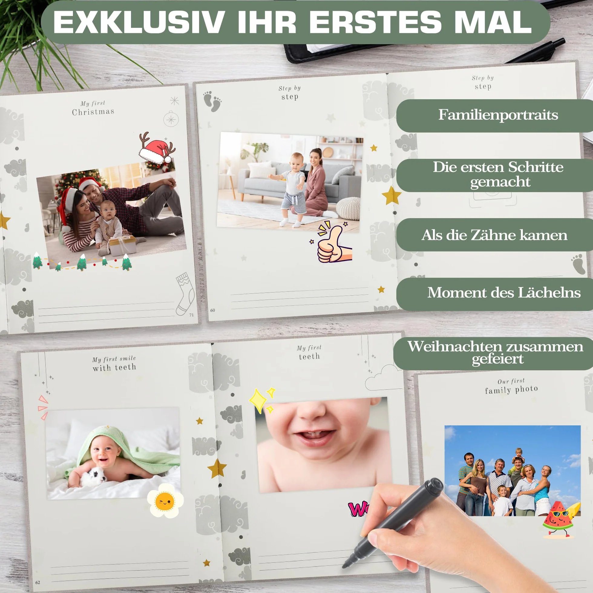 Album dla dziecka - wysokiej jakosci lniana ksiazeczka ze ztotymi wytloczeniami dla najpiekniejszych wspomnien- prezent dla dziecka z okazji narodzin (Różowy)