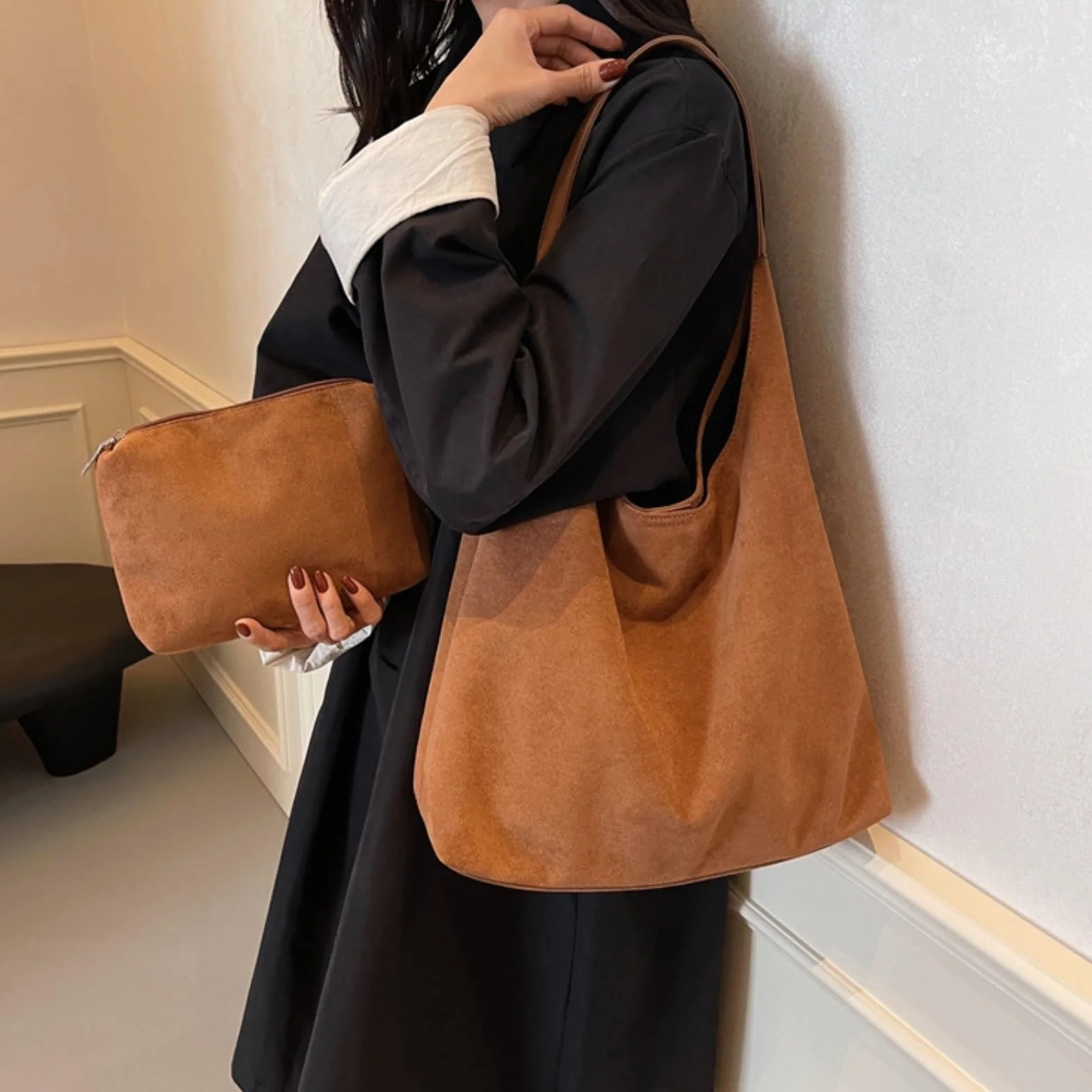 Torebka ze skóry PU, ze sztucznego zamszu, torba na ramię, torba hobo, damskie torby na ramię, retro, damskie torby hobo, do podróży, szkoły, na uczelnię, do pracy