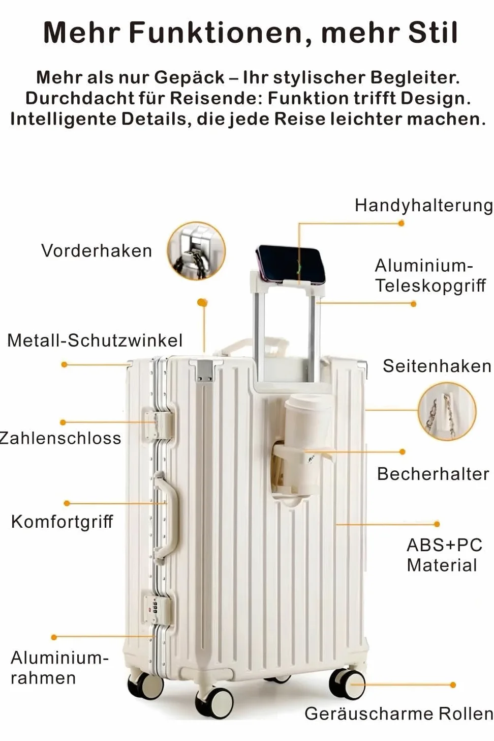 Walizka podręczna z ramą aluminiową (55 cm) – walizka z twardą obudową 45 l, z uchwytem na kubek i uchwytem na telefon komórkowy, walizka podróżna klasy premium, z zamkiem TSA i podwójnymi kółkami 360