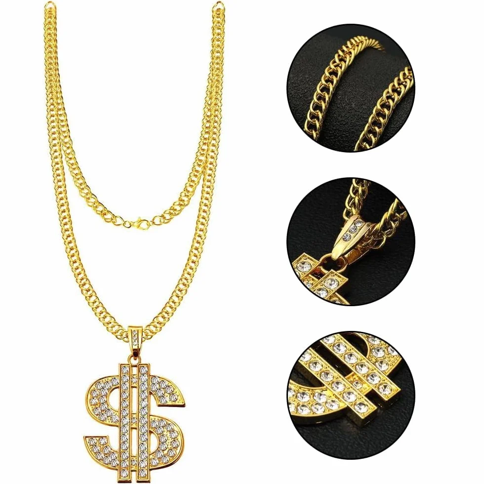 Zestaw kostiumowy hip-hopowy w stylu lat 80., złoty dolar, łańcuszek i złota bransoletka, pierścień, okulary, osobowość, hip-hop, kostium dla mężczyzn, lat 80-tych, 90., kostium rapera, na