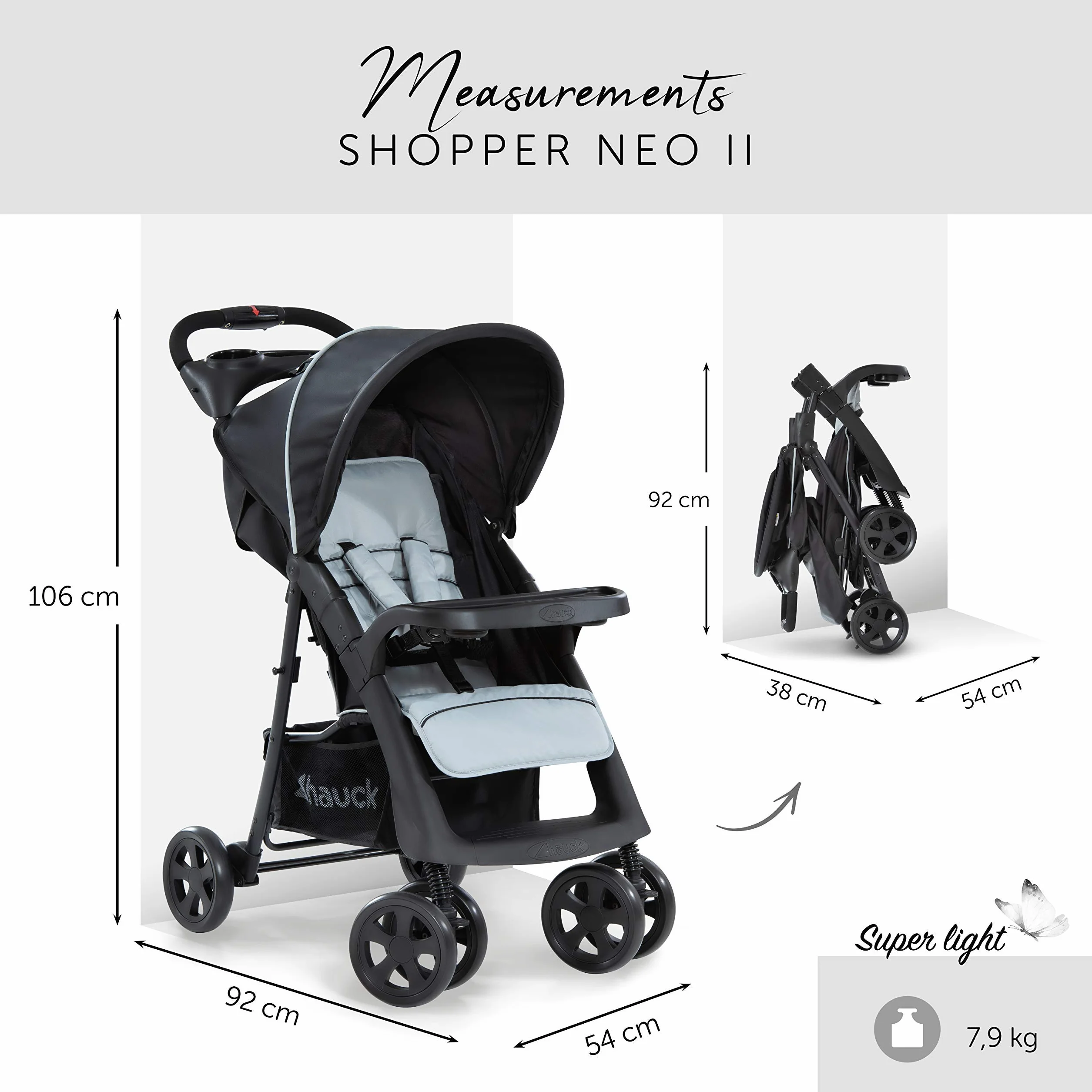 Hauck Shopper Neo II Buggy wózek do 25 kg z funkcją leżenia od narodzin, mały składany, mechanizm składania jedną ręką, lekki, 2 uchwyty na napoje, duży kosz, kolor srebrny / szary