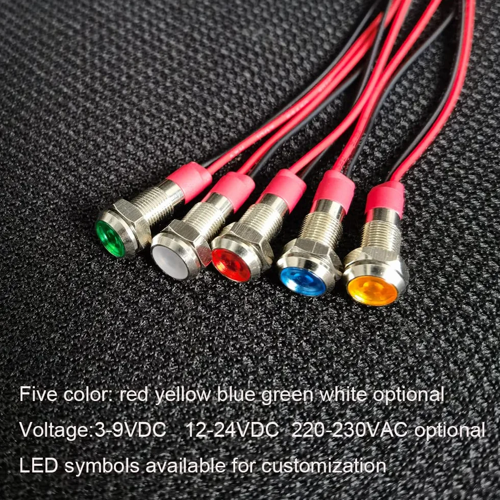 GUUZI 8szt 6mm Wskaźnik LED 220-230V Wodoodporny Sygnał świetlny Metalowy Panel Wskaźnik LED Wskaźnik świetlny Panel Mocujący Płaska Głowica z Przewodami Srebrna Powłoka (Czerwony)