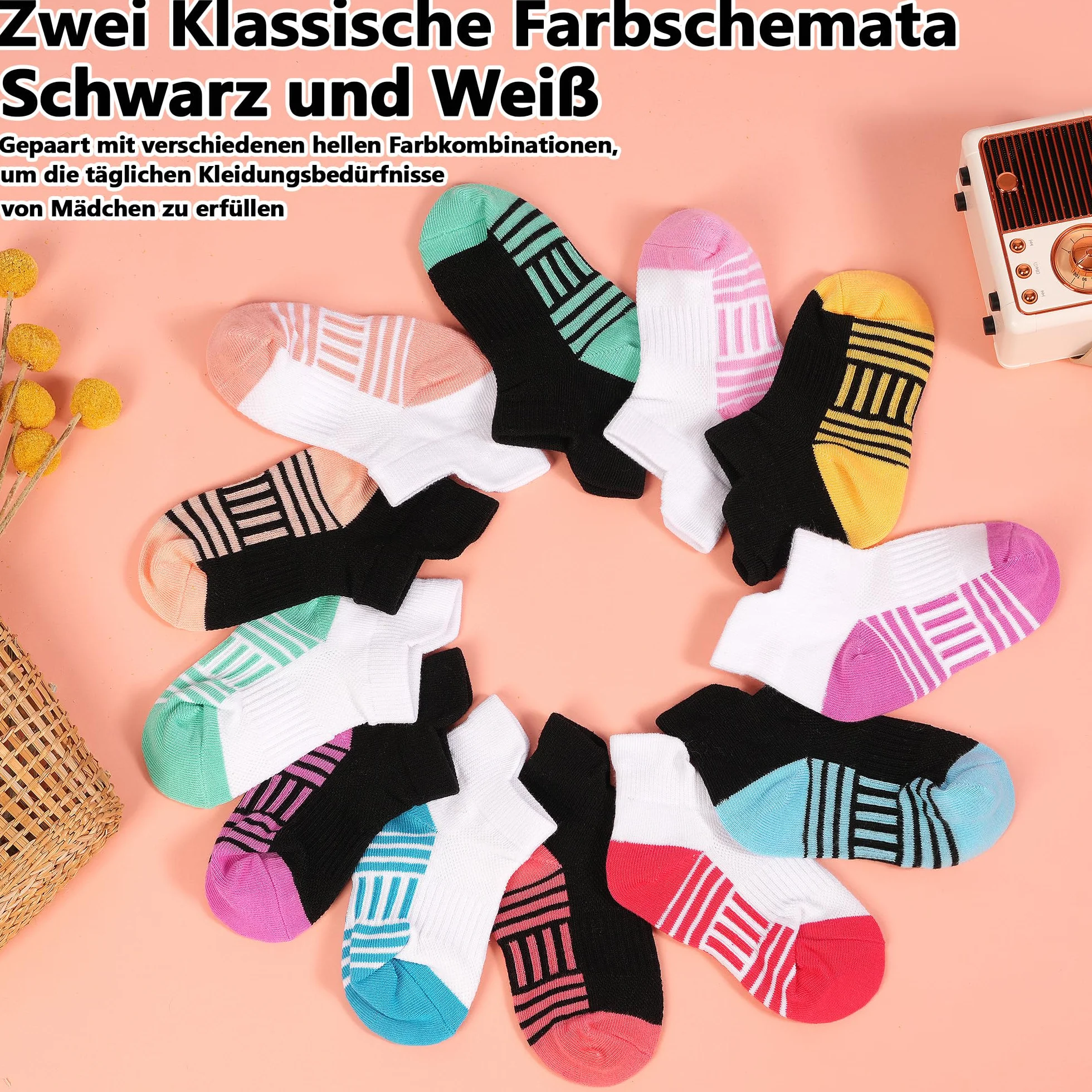 GENTABY Dziewczęce skarpety do sneakersów, dla dzieci, kolorowe skarpety sportowe, do szkoły, 12 par, klasyczne kolory, czarno-białe, oddychające, bawełniane skarpety dla dzieci w wieku 1-14 lat, 20