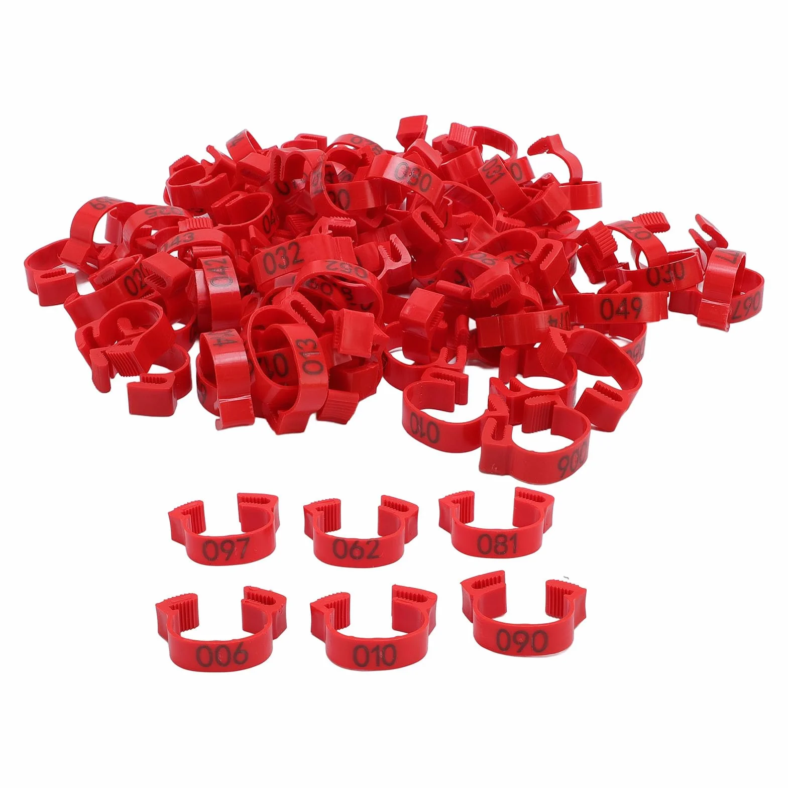 100 szt. plastikowych opasek na nogi z identyfikacją kurczaka, 20 mm od 001 do 100 numerowanych pasków na udka drobiu dla kaczek, piskląt, gęsi, ptactwa żółtego, indyka (czerwone)