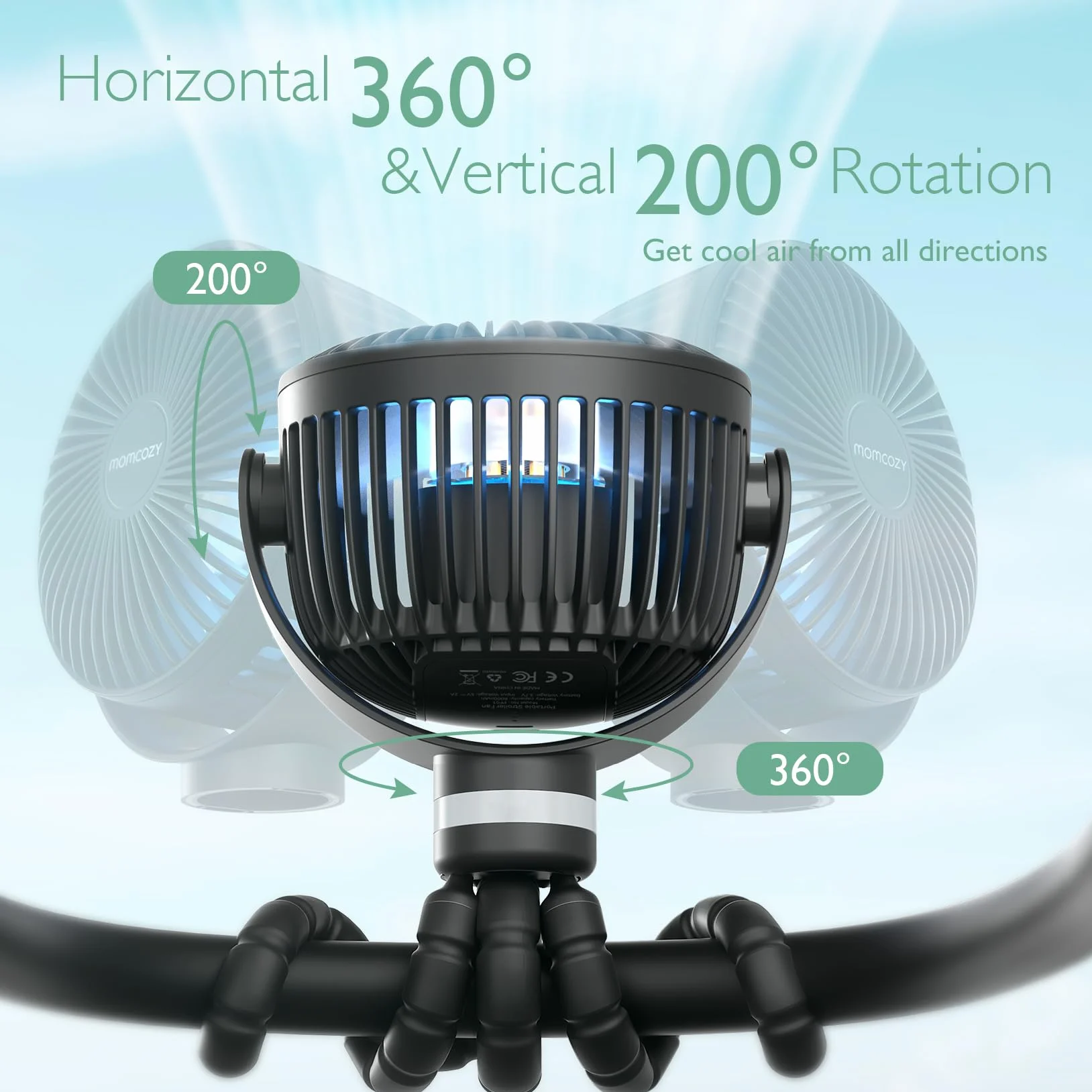 Momcozy Przenośny Wentylator Do Wózka, 8000 mAh, 27 H Długa Praca, Odkryty 4-Biegowy 360°, Led Nocne 2 Tryby, Usb Ładowanie, Chłodzenie Dla Dziecka, Samochód, Sypialnia（Czarny）