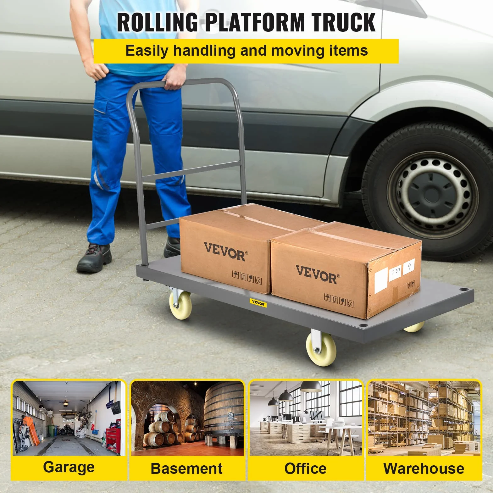 VEVOR Wózek platformowy 907 kg, wózek transportowy, średnica rolki 125 mm, powierzchnia ładunkowa 1200 x 610 mm, wózek ciężarowy, składany, wózek z powłoką antypoślizgową, metalowy wózek transportowy