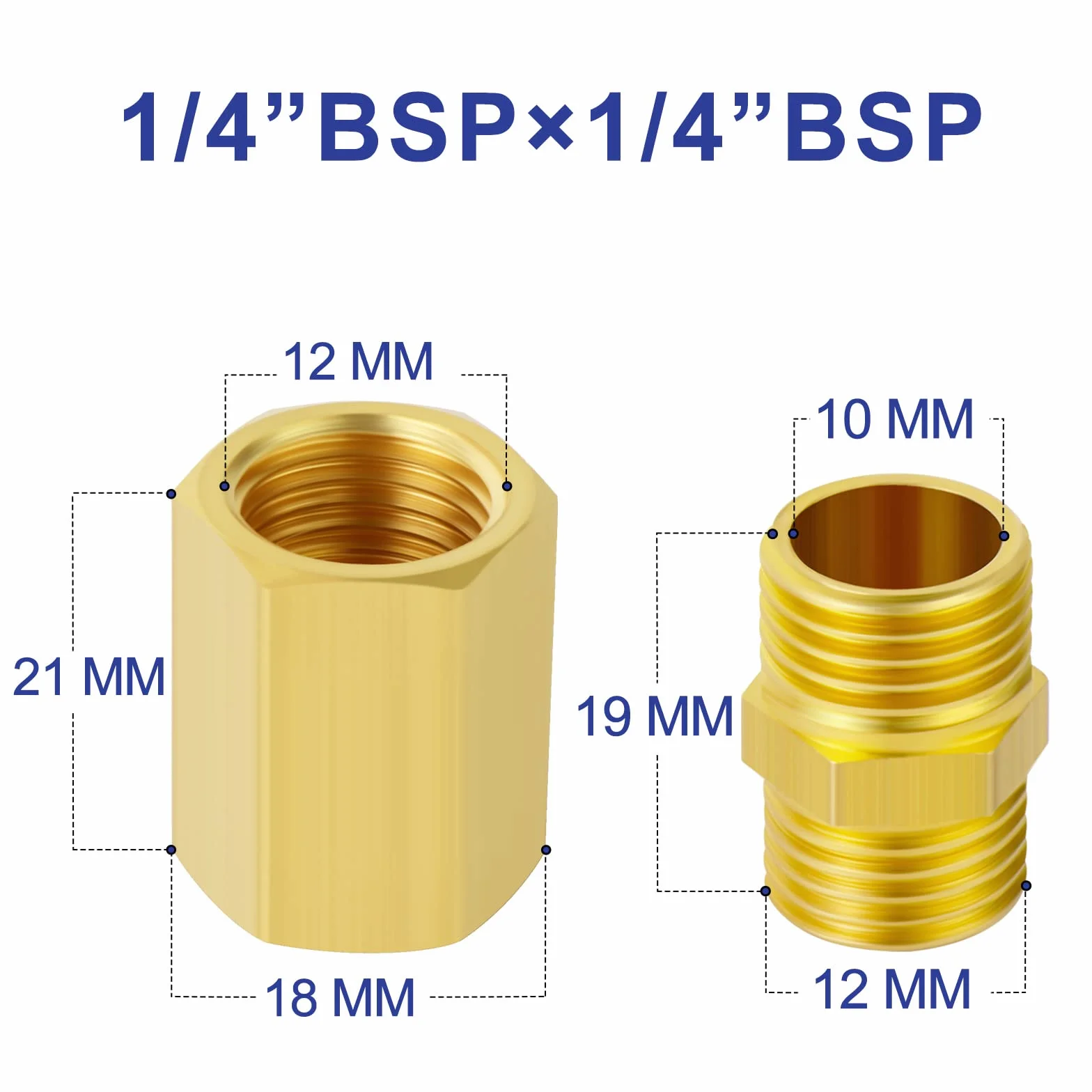 12 sztuk 1/4" x 1/4" mosiężne złączki rurowe do metali, złączka sześciokątna i łącznik sześciokątny, wąż z gwintem męskim 1/4 "x 1/4" BSP, wąż z gwintem wewnętrznym BSP 1/4" x 1/4"