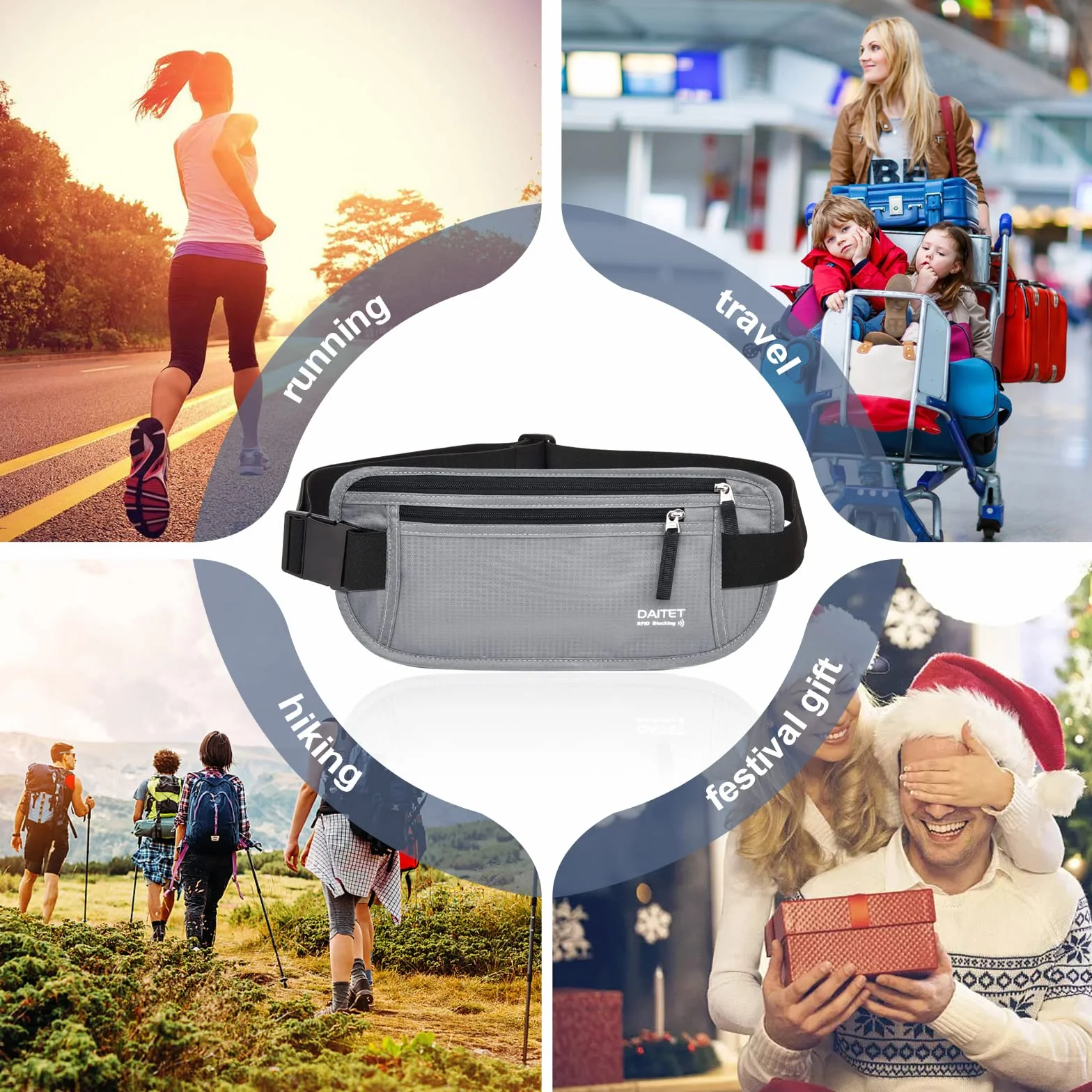 Pasek na pieniądze blokujący RFID dla mężczyzn i kobiet, wąski nerka na podróż, do biegania, ukryty portfel na paszport, telefon, gotówkę, Czarny jasnoszary, Rfid Blocking & Belt Wide:1.45Inch,