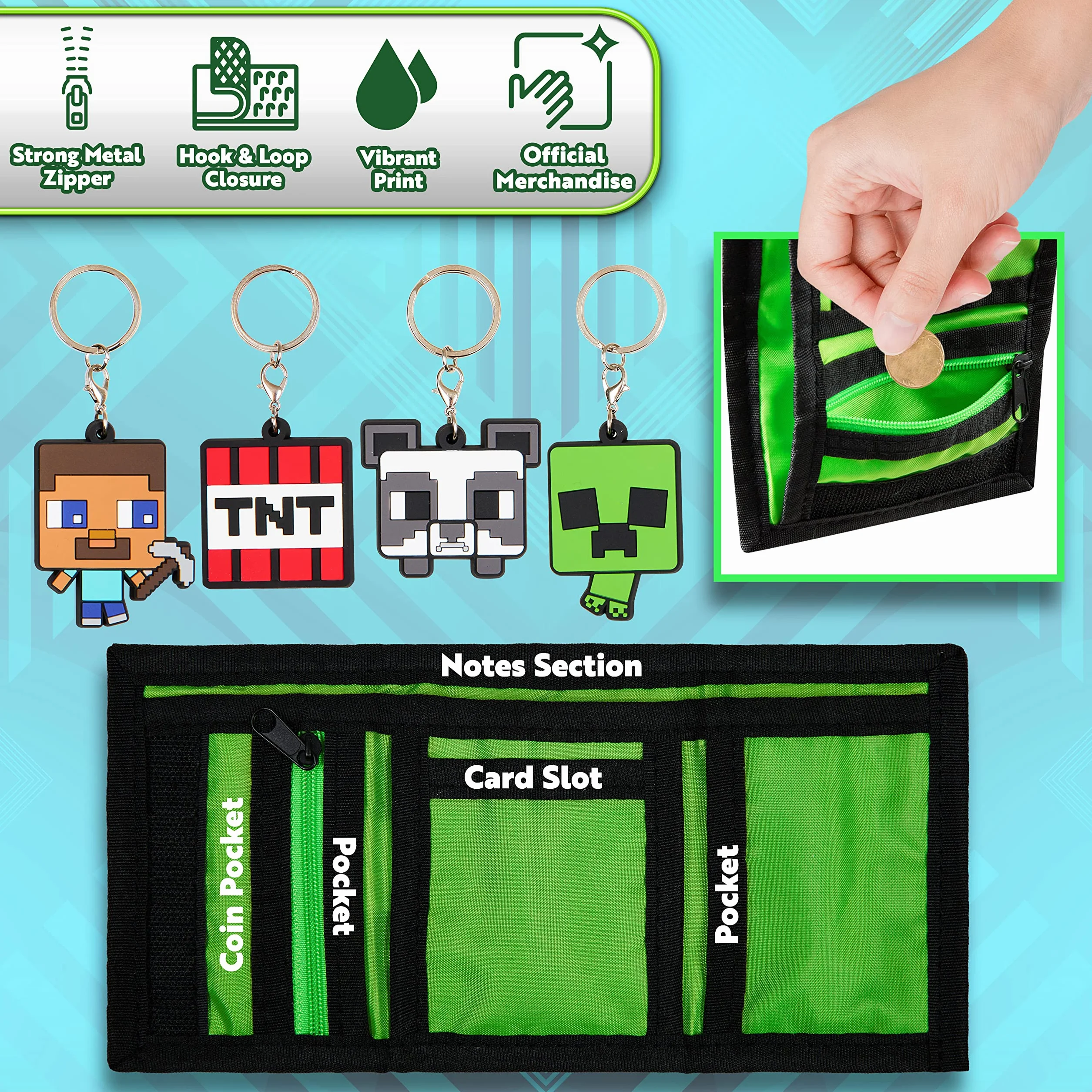 Minecraft Portfel chłopięcy z przegródkami na karty i kieszenią na monety z zamkiem błyskawicznym - breloki Creeper dla dzieci akcesoria dla graczy, zestaw upominkowy - prezenty dla graczy