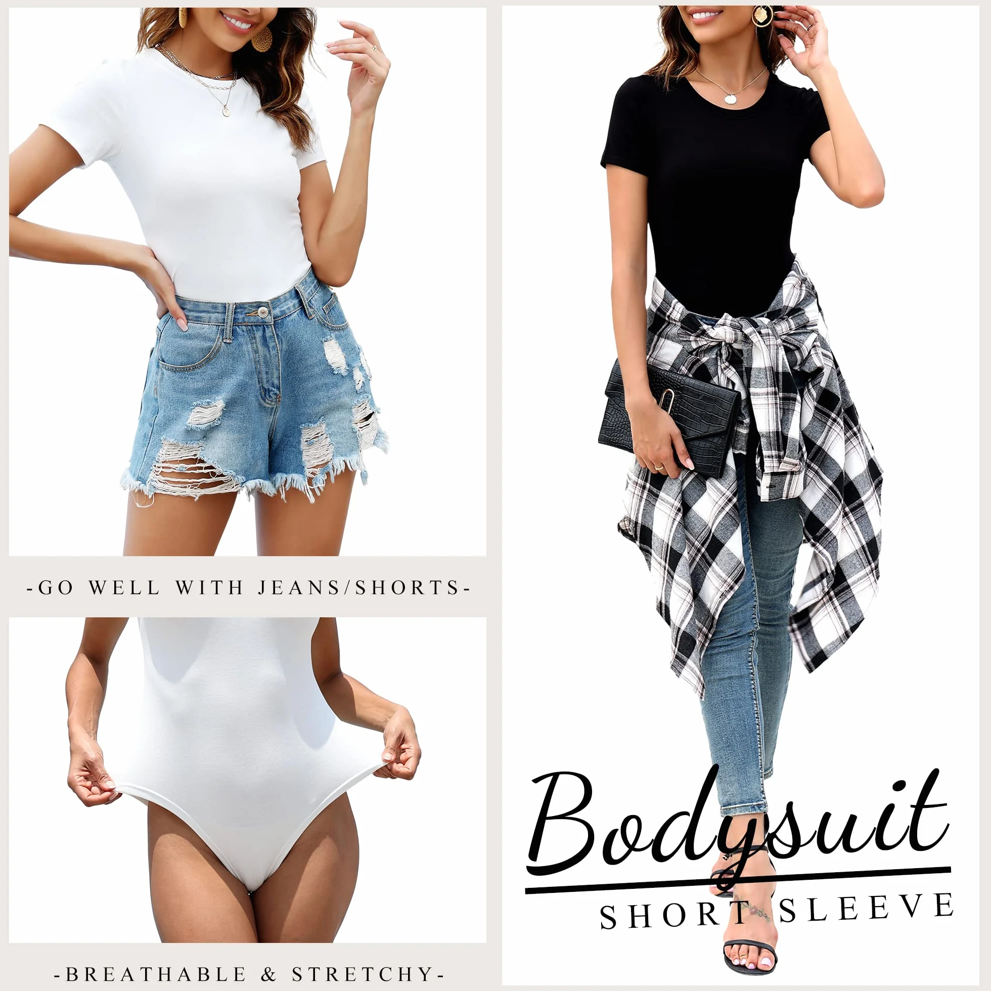 Body damskie z krótkim rękawem okrągły dekolt rozciągliwy podstawowy T-shirt topy 5-pak
