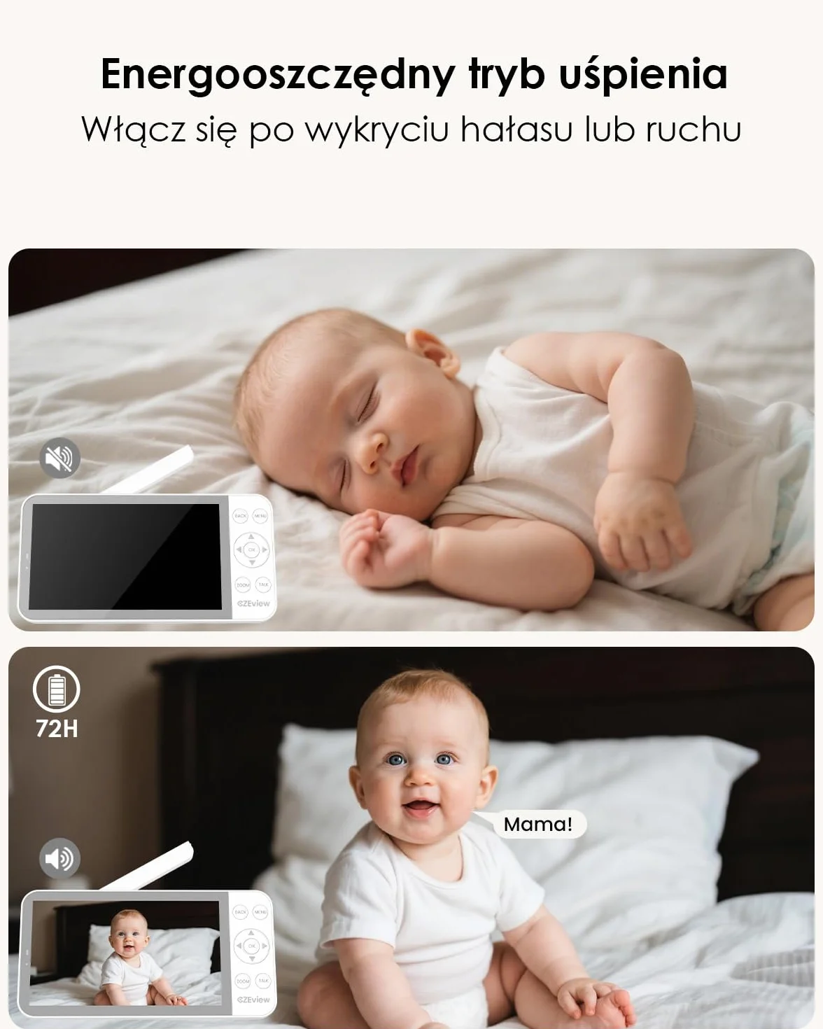 CZEview Elektroniczna niania 5,5" z kamerą i aplikacją, 2 K HD, lampka nocna, noktowizor, WLAN, wideo, elektroniczna niania, muzyka, wykrywanie ruchu, hałasu i temperatury (Biały)