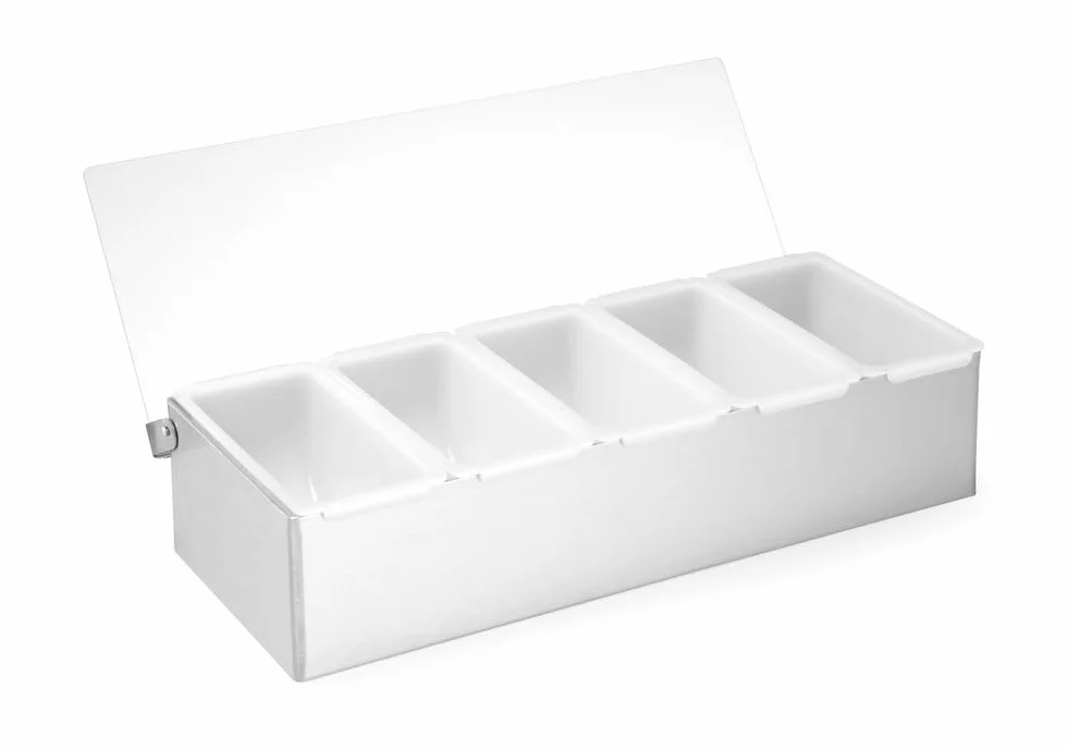 HENDI Pojemnik barmański na dodatki do drinków, BarUp, z 5 wyjmowanymi pojemniczkami, przezroczysta pokrywa, pojemnik na przyprawy, 375x140x(H)90mm, stal nierdzewna, HDPE, polipropylen