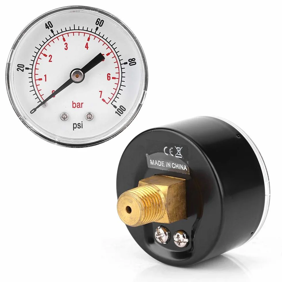 Manometr, tarcza 50 mm Osiowy manometr 1/4 BSPT z mosiądzu Manometr powietrza Tylne przyłącze do powietrza, wody, oleju, gazu (0-100 psi 0-7 bar)