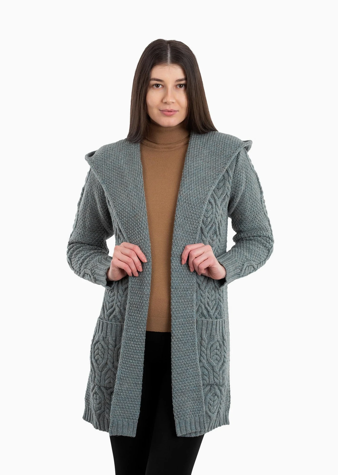 SAOL 100% wełna merino damski irlandzki klasyczny krój długi kardigan z kapturem