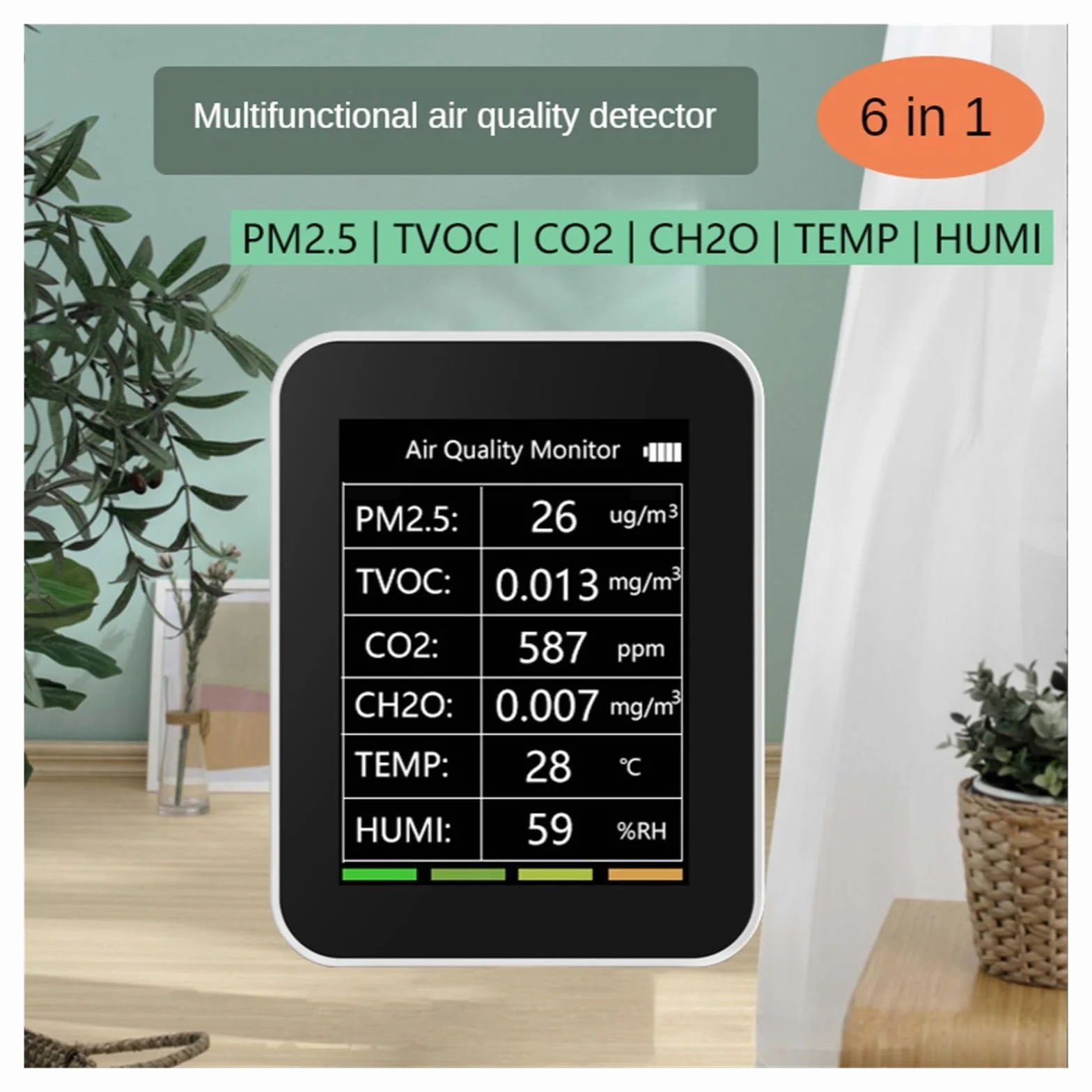 Monitor jakości powietrza w pomieszczeniach, 6 w 1 detektor ści powietrza Tuya Tester CO2 PM2.5 TVOC CO2 CH2O Monitor formaldehydu wyświetlacz TFT czujnik CO2 miernik analizator dla domu, biura i szko
