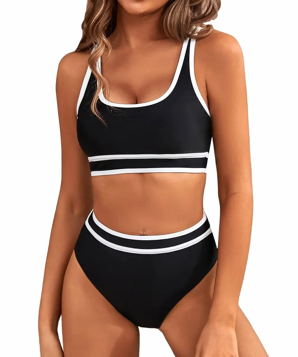 Yeenily Damski kostium kąpielowy, dwuczęściowy, sportowy zestaw bikini, seksowny, wysoki stan, trójkąt gorsetu, push up, plaża, tankini, wyszczuplający brzuch, brazylijski strój kąpielowy (czarny, XL)