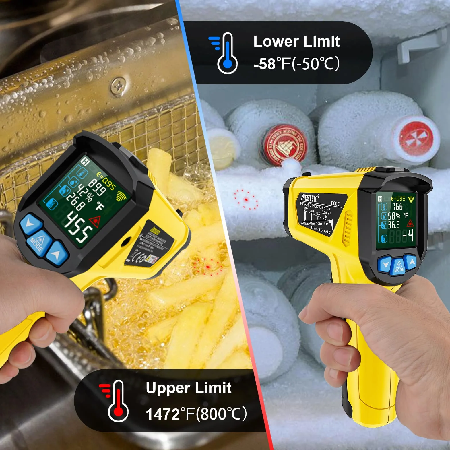 Termometr na Podczerwień Pistolet Cyfrowy Laserowy Temperaturowy z K-Sondą MESTEK Bezdotykowy Kolorowy Ekran LCD 50℃~800℃ Regulowana Emisyjność Wilgotność Gotowanie Piekarnik Grillowania Pizza Lodówka